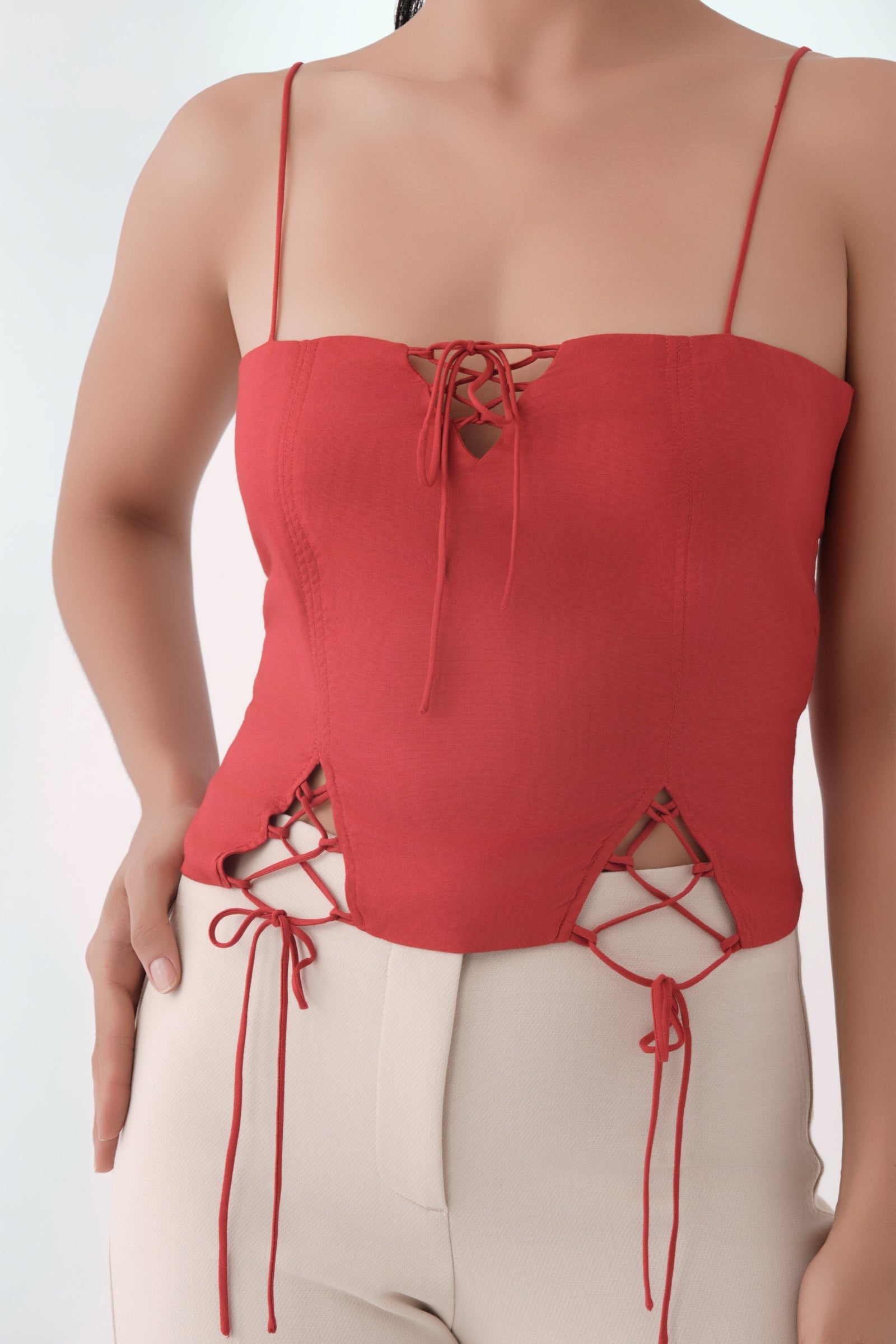 red backless lace up strap top