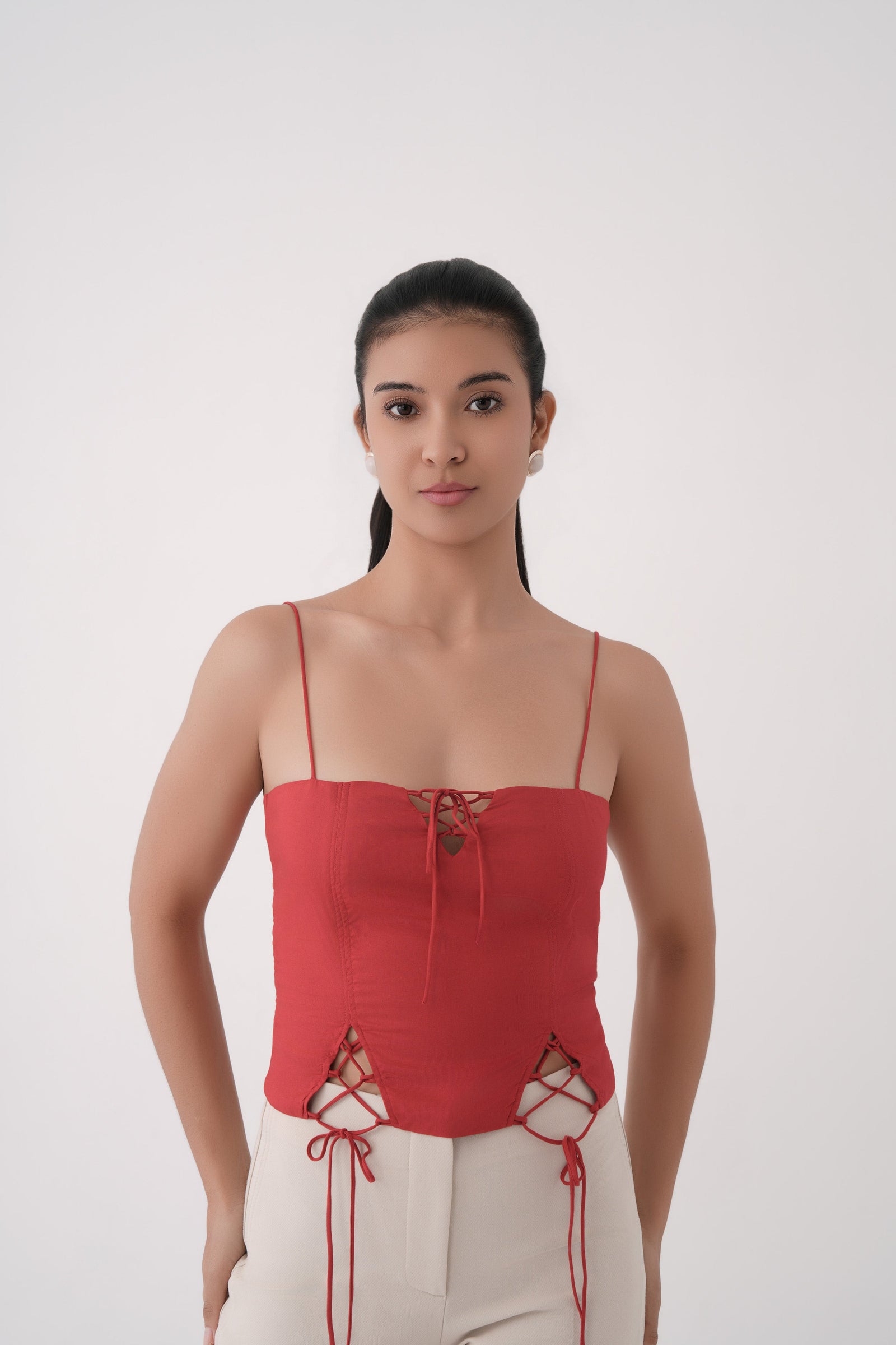 red backless lace up strap top