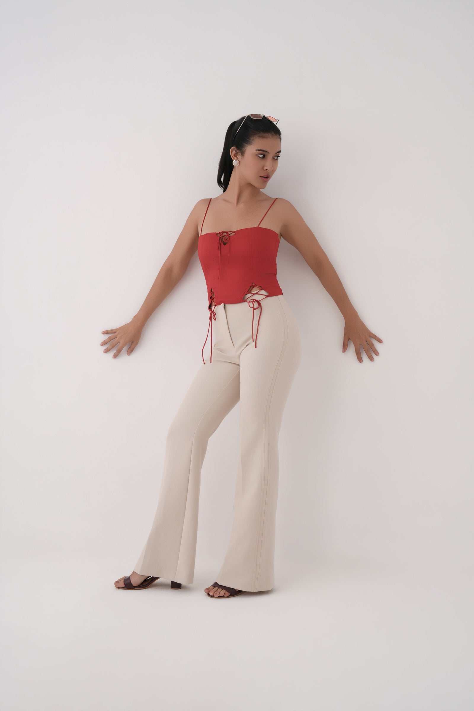 red backless lace up strap top