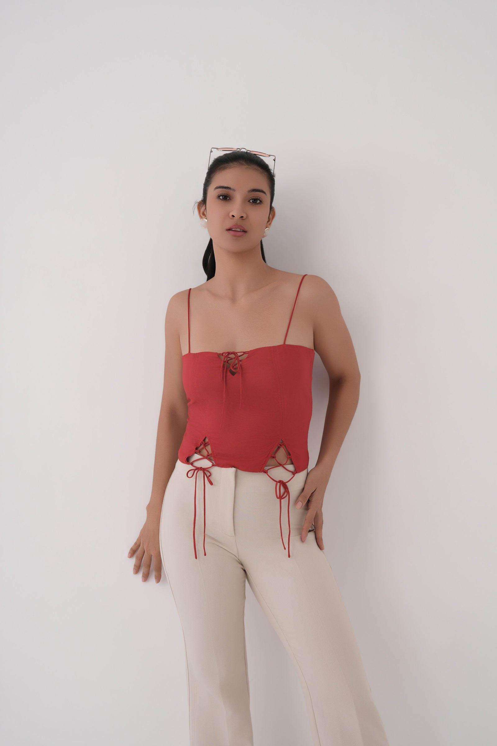 red backless lace up strap top
