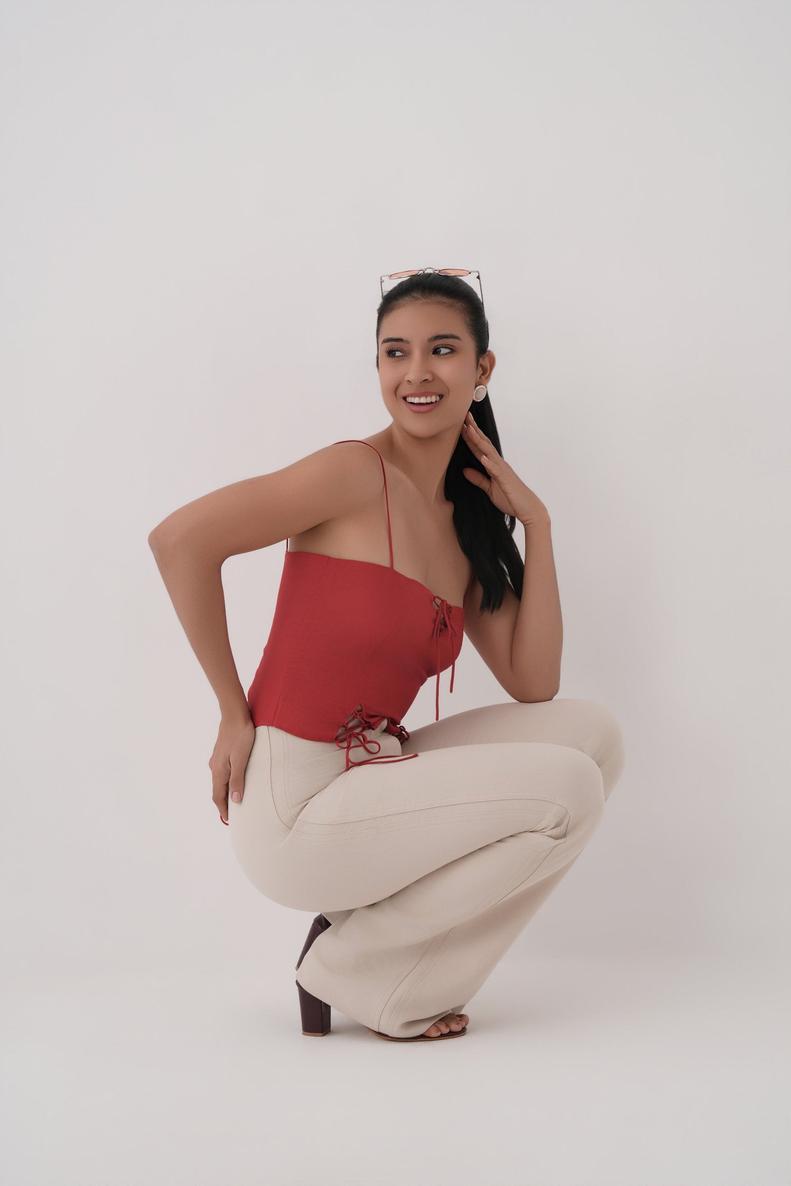 red backless lace up strap top