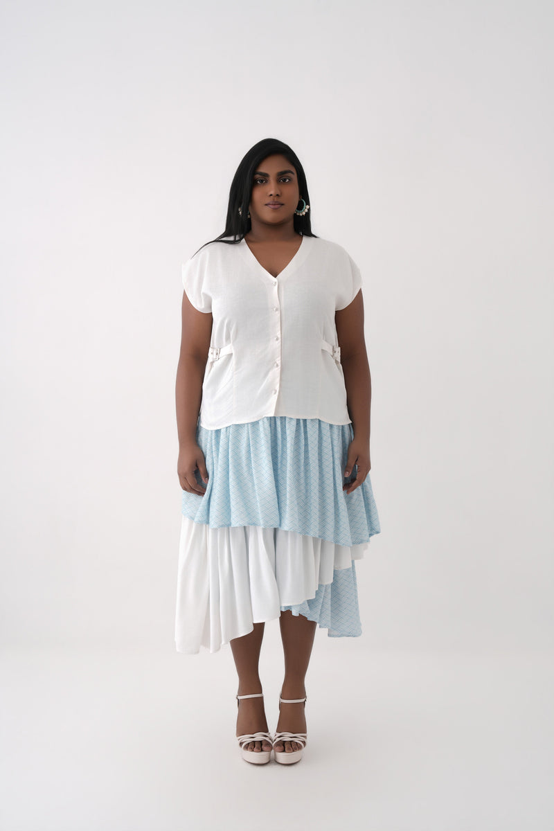 Women White Seafoam Ripple Print Linen Top and Tiered Modal Skirt Co-ord Set