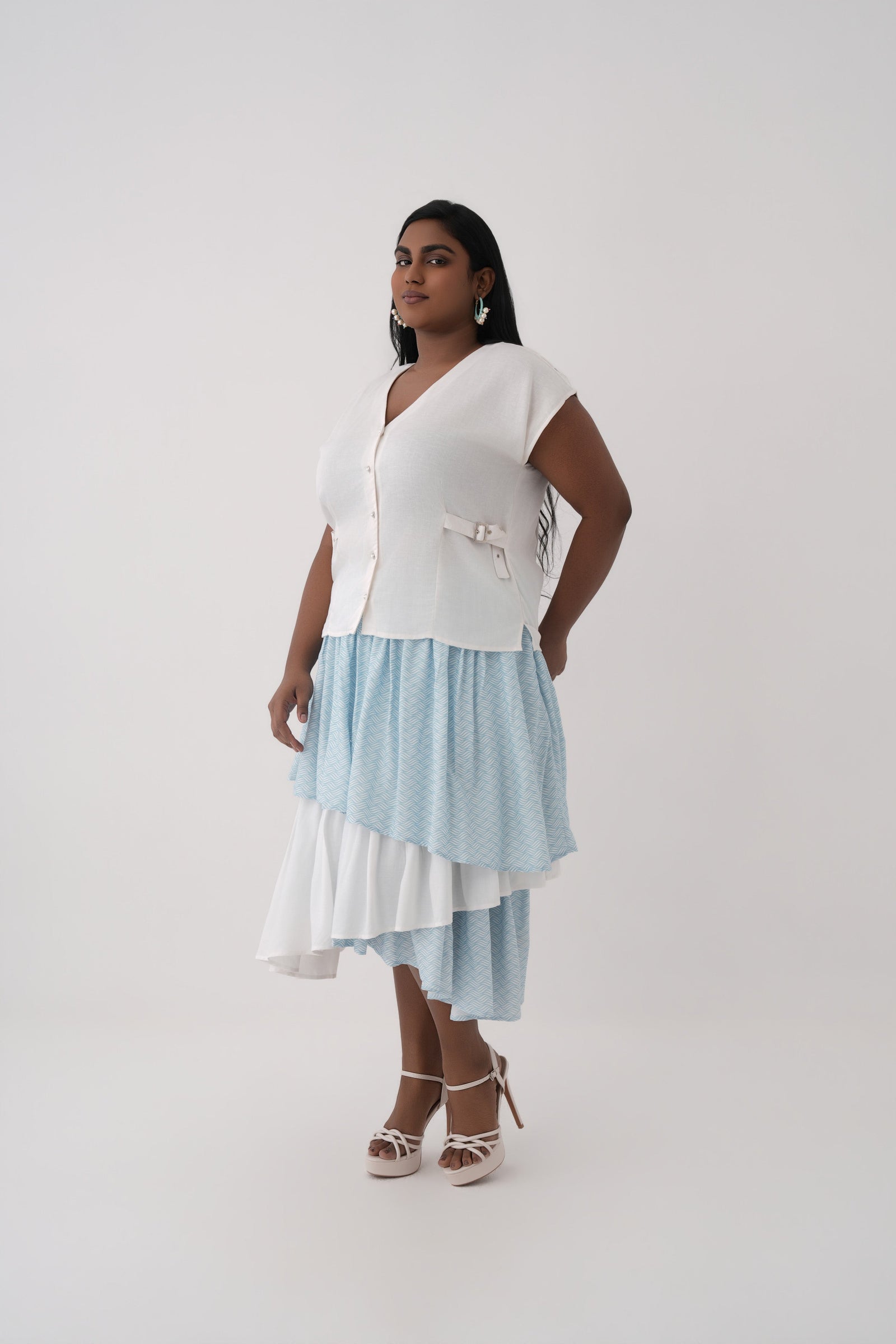 Women White Seafoam Ripple Print Linen Top and Tiered Modal Skirt Co-ord Set