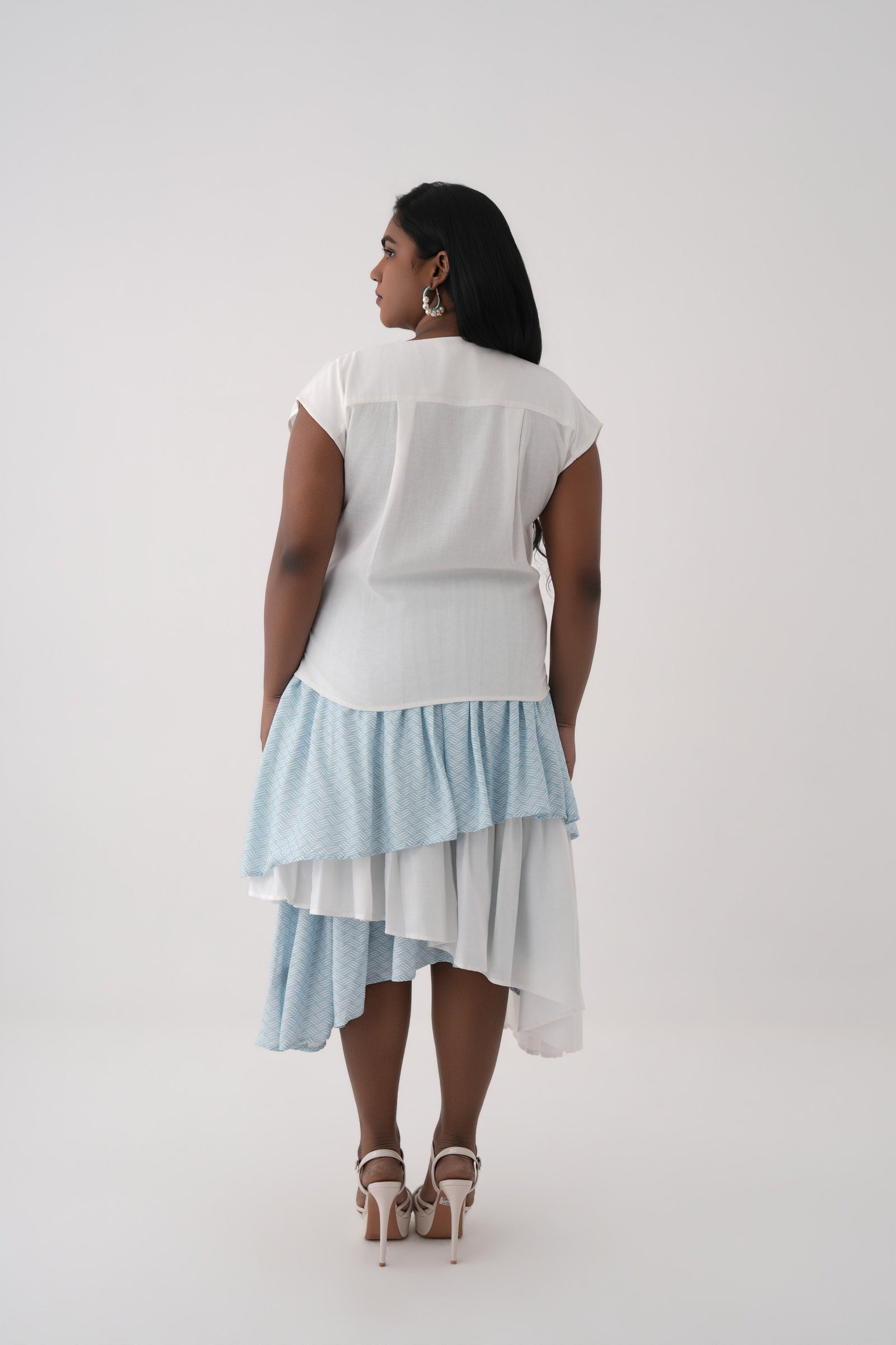 Women White Seafoam Ripple Print Linen Top and Tiered Modal Skirt Co-ord Set