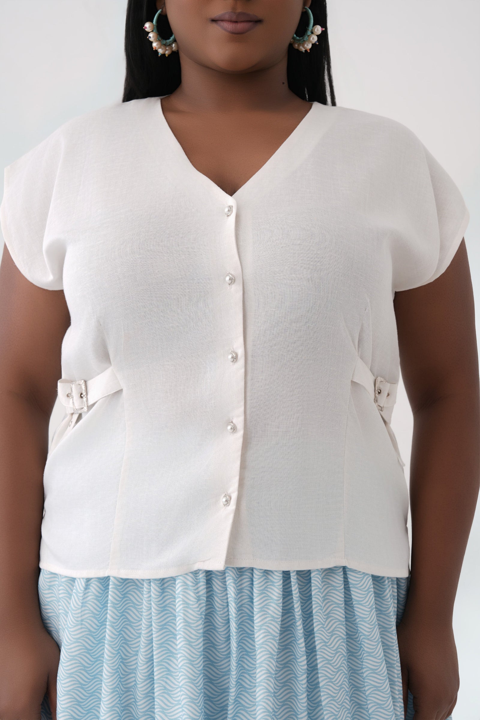 Women White Seafoam Ripple Print Linen Top and Tiered Modal Skirt Co-ord Set