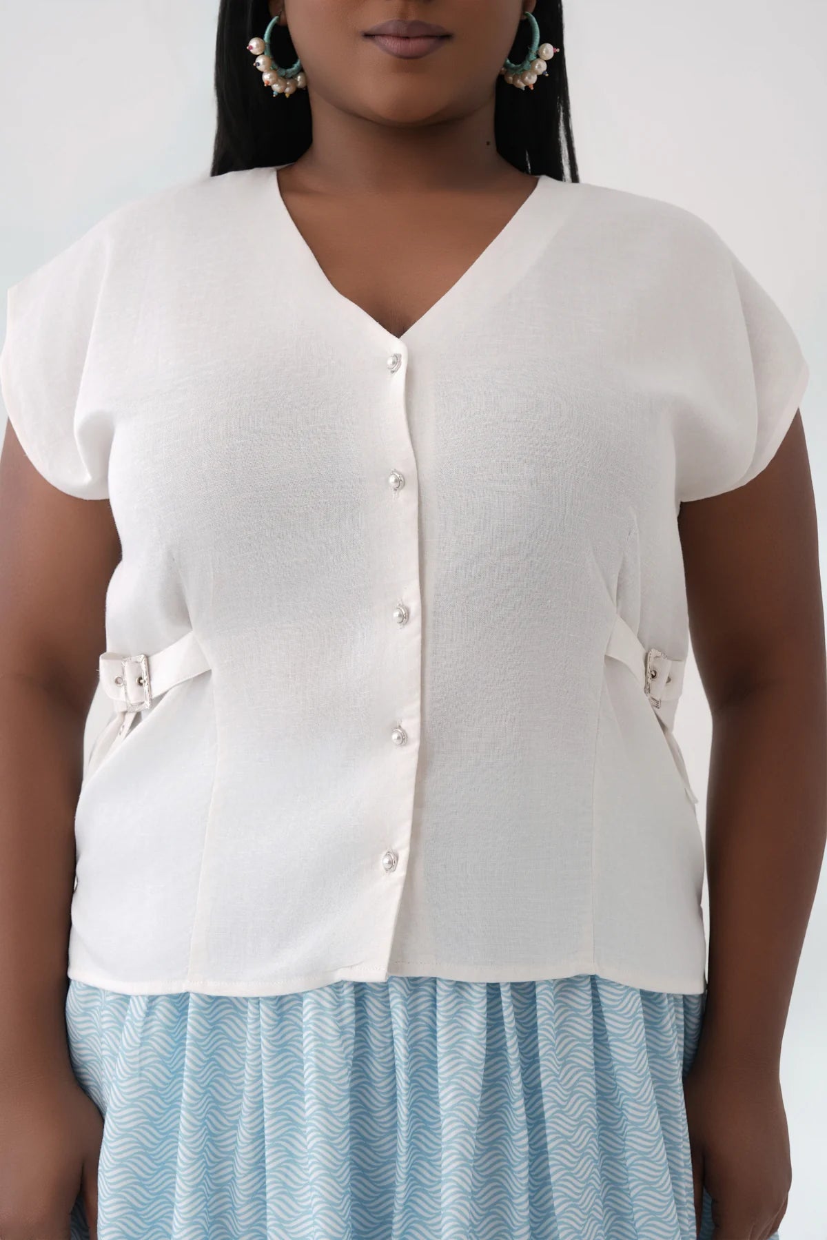 bright white ivory calm v neck side buckle top
