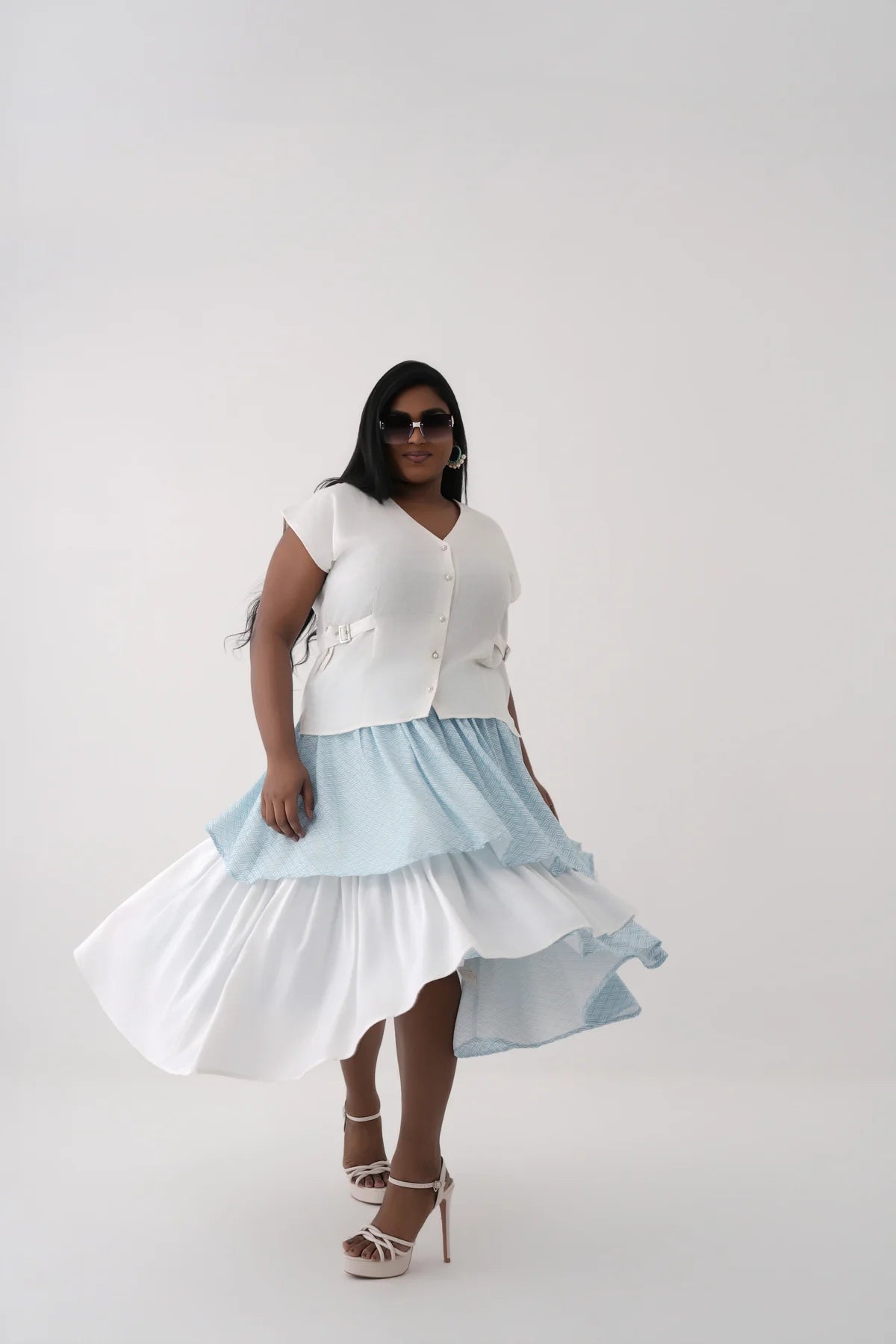 Women White Seafoam Ripple Print Tiered Modal Midi Skirt 