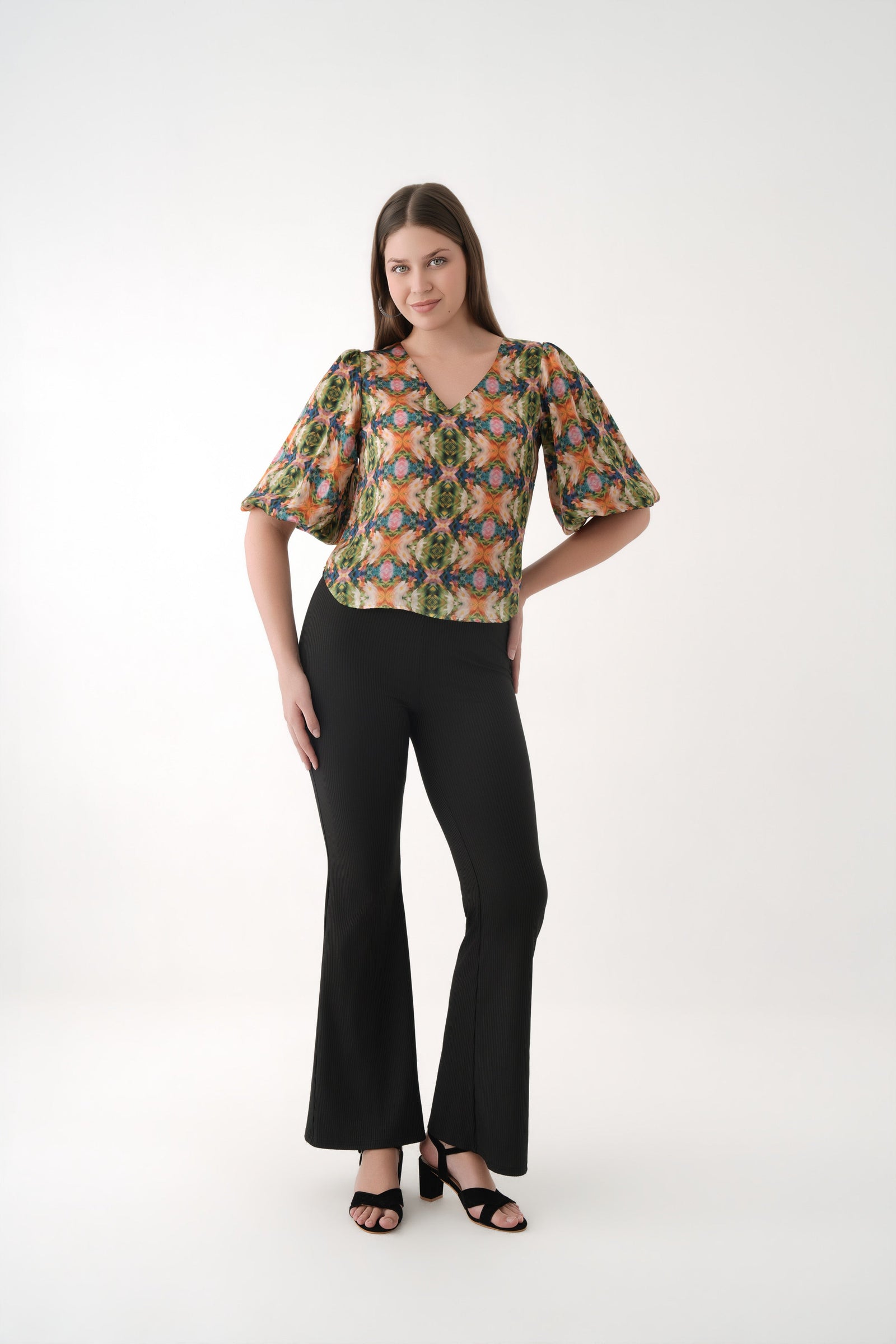spicy mustard Puff Sleeve Printed Cupro V-Neck top 