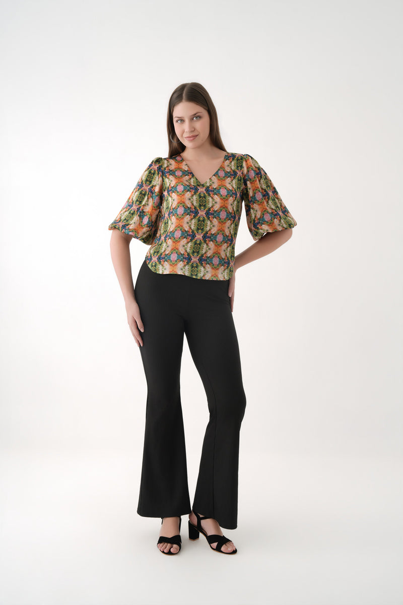 spicy mustard Puff Sleeve Printed Cupro V-Neck top 