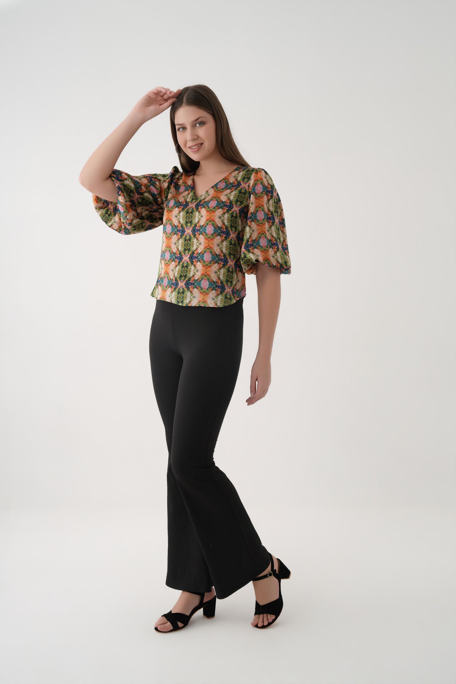 spicy mustard Puff Sleeve Printed Cupro V-Neck top 