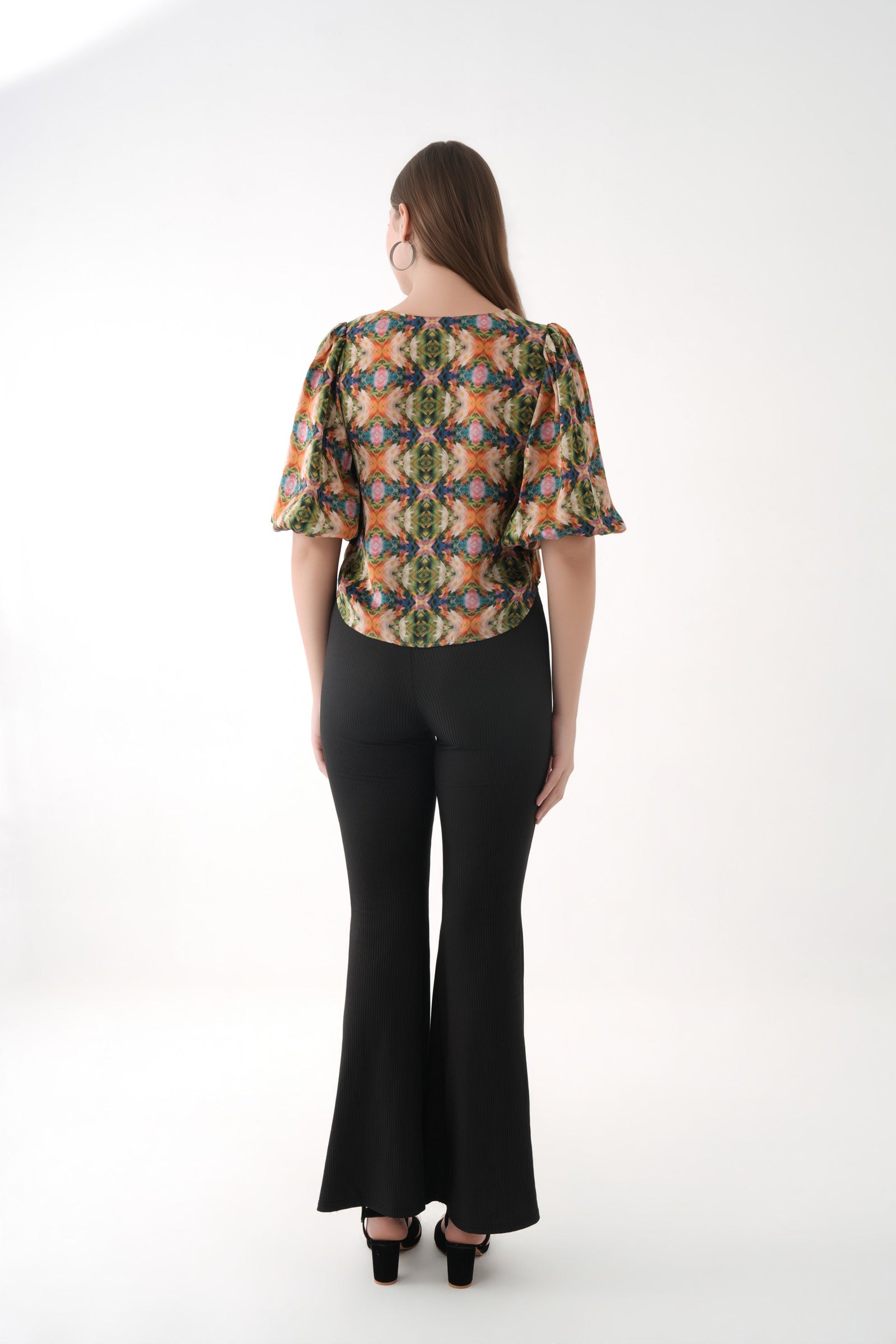 spicy mustard Puff Sleeve Printed Cupro V-Neck top 