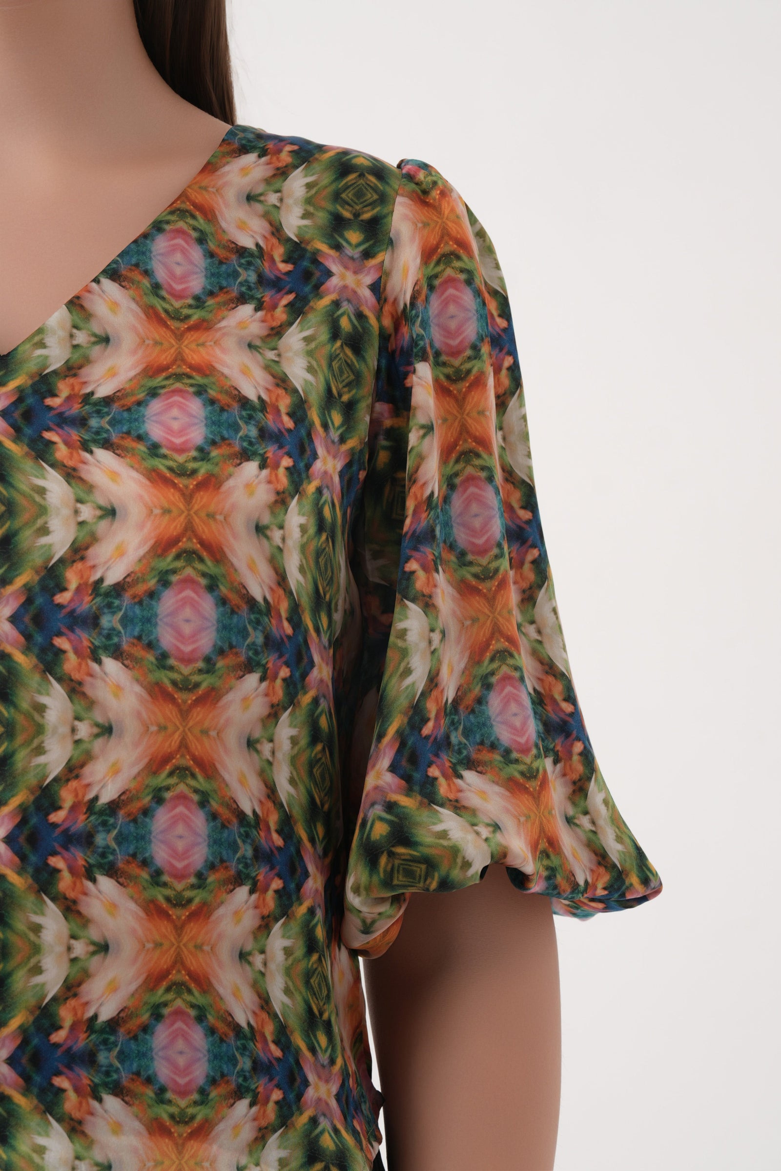 spicy mustard Puff Sleeve Printed Cupro V-Neck top 