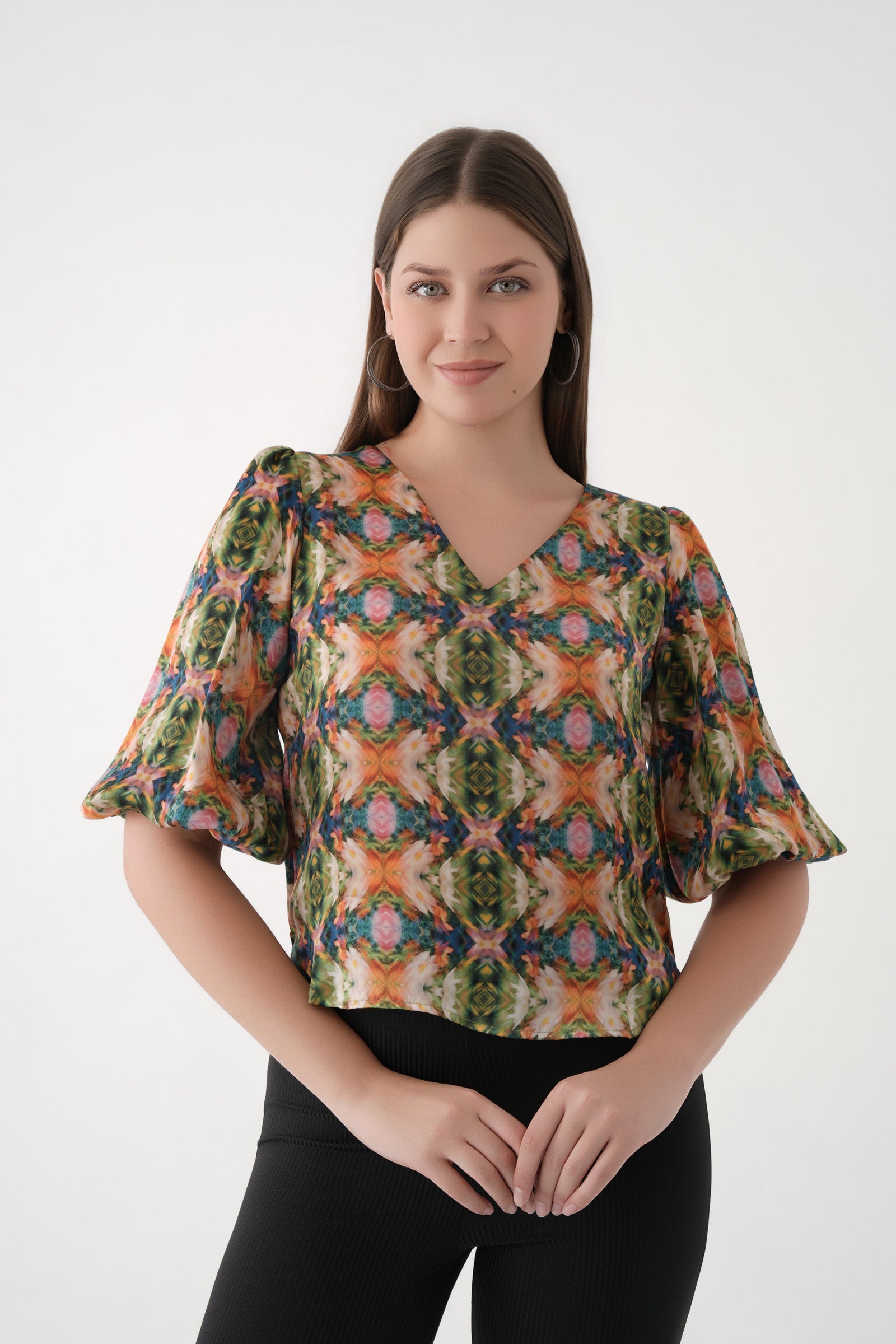spicy mustard Puff Sleeve Printed Cupro V-Neck top 