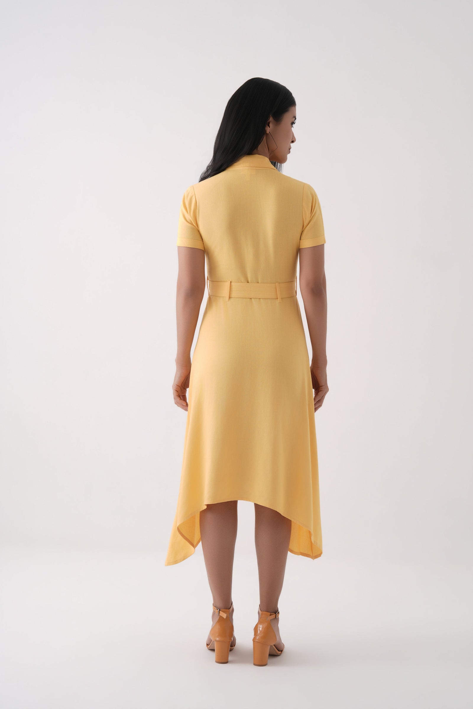 Spicy Mustard Asymmetric Hem Linen Viscose Belted Shirt Dress 