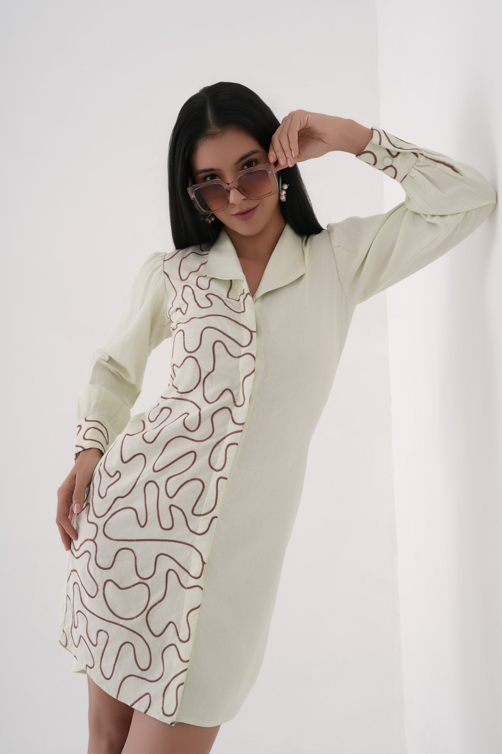 Lime green Embroidered Shirt Dress
