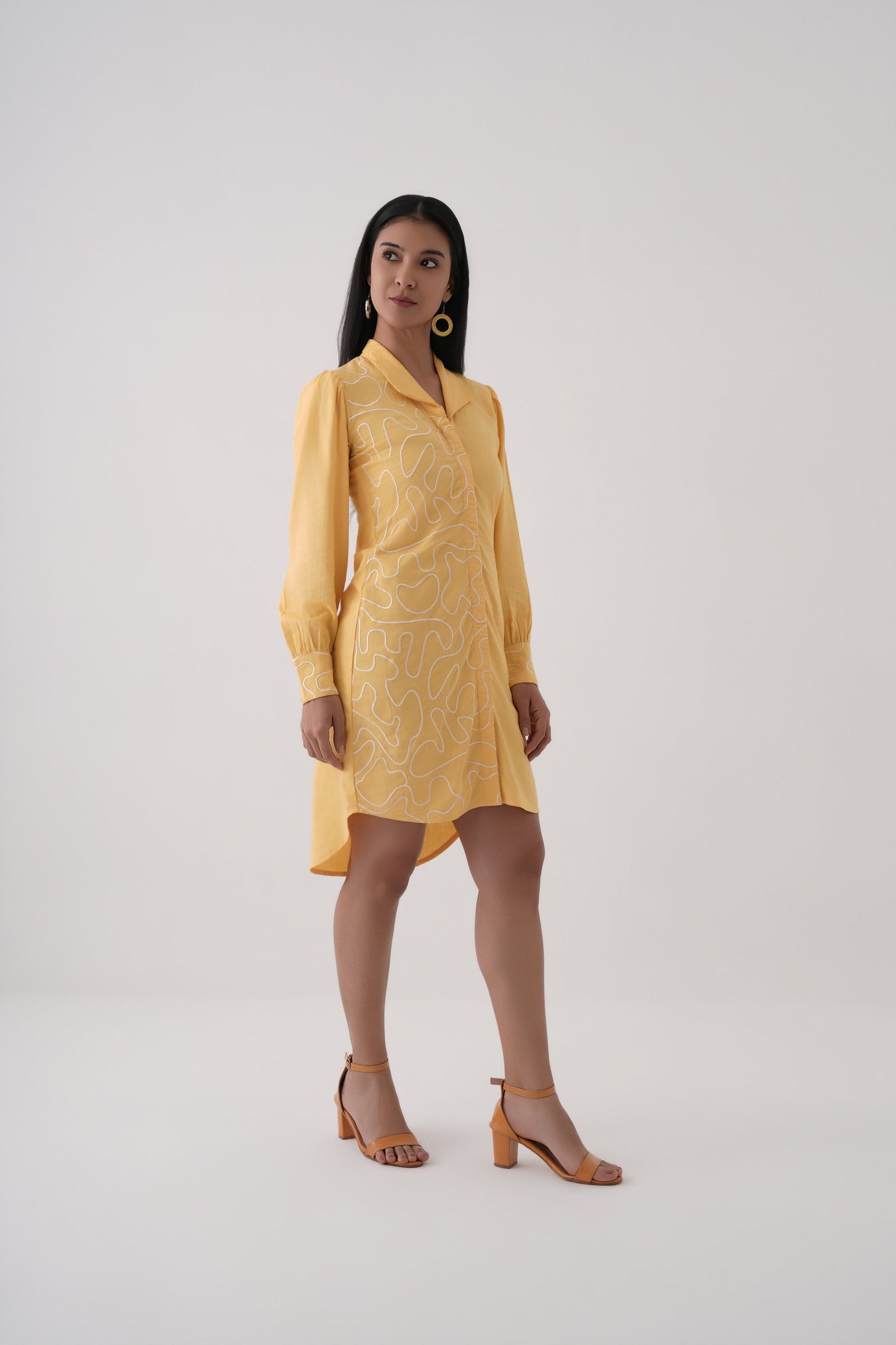 Mustard Embroidered Shirt Dress