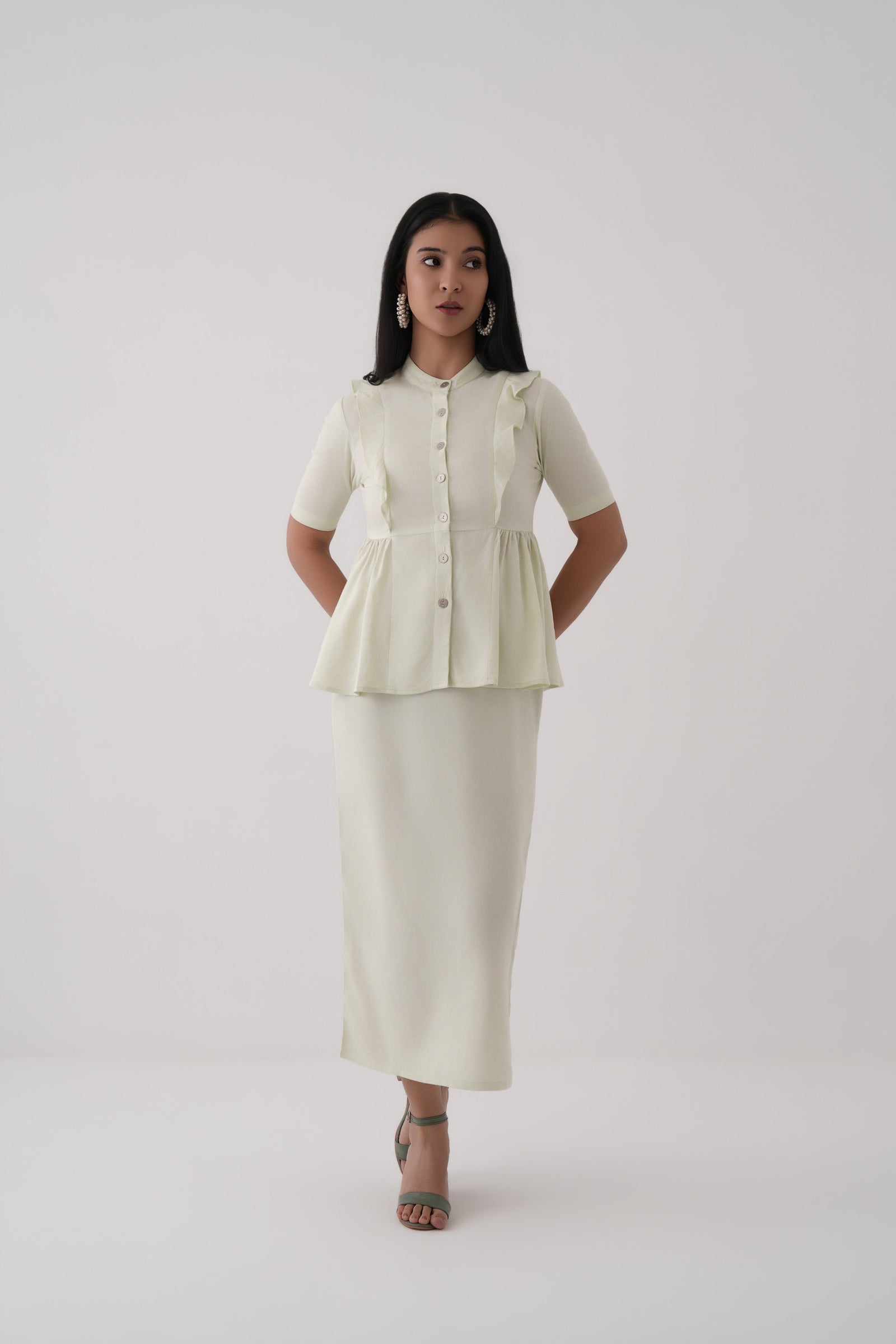 Women Lime Green Linen Viscose Button-Down Peplum Top and Midi Skirt Co-ord Set 