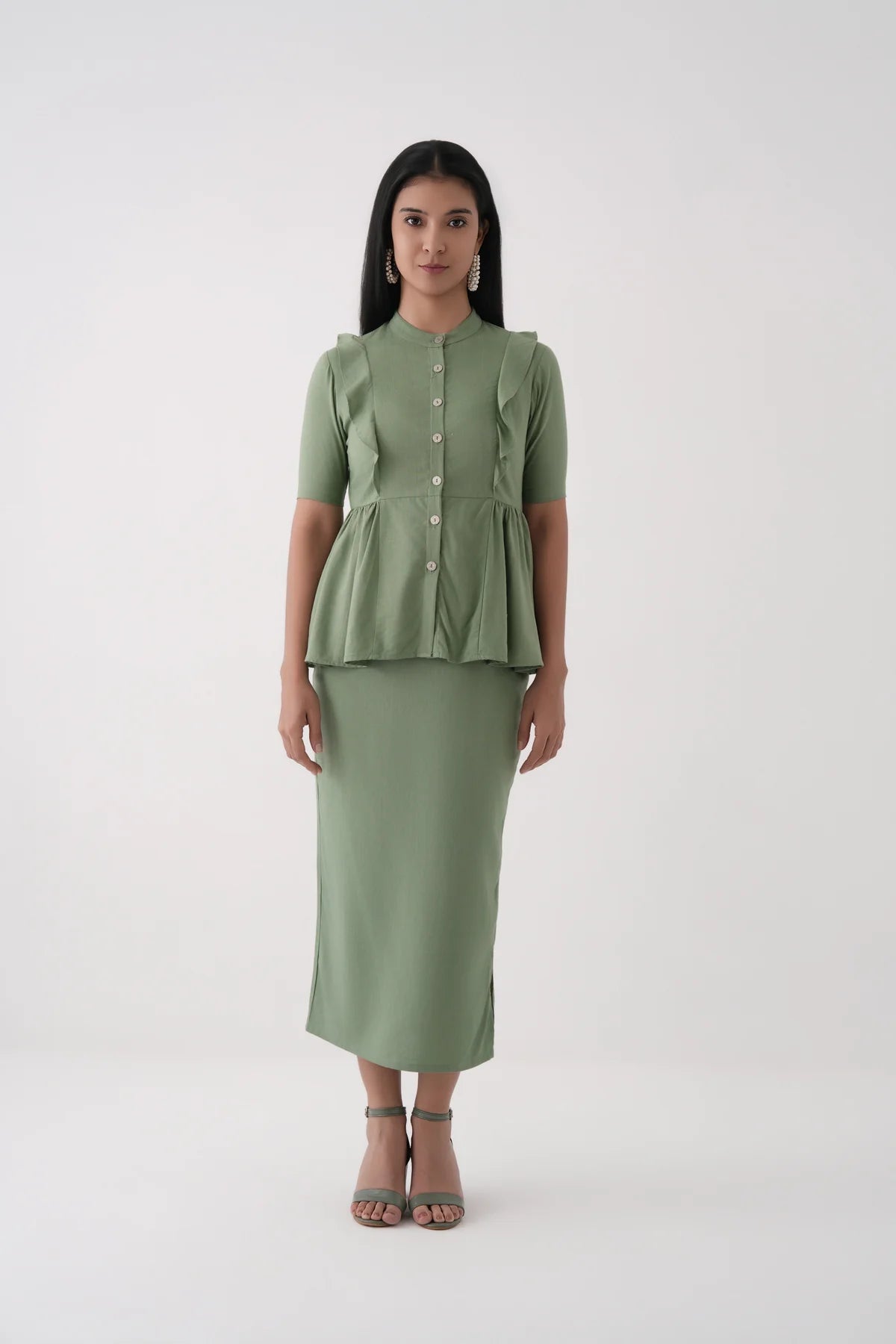 Women Green Clean Midi Skirt Linen Viscose