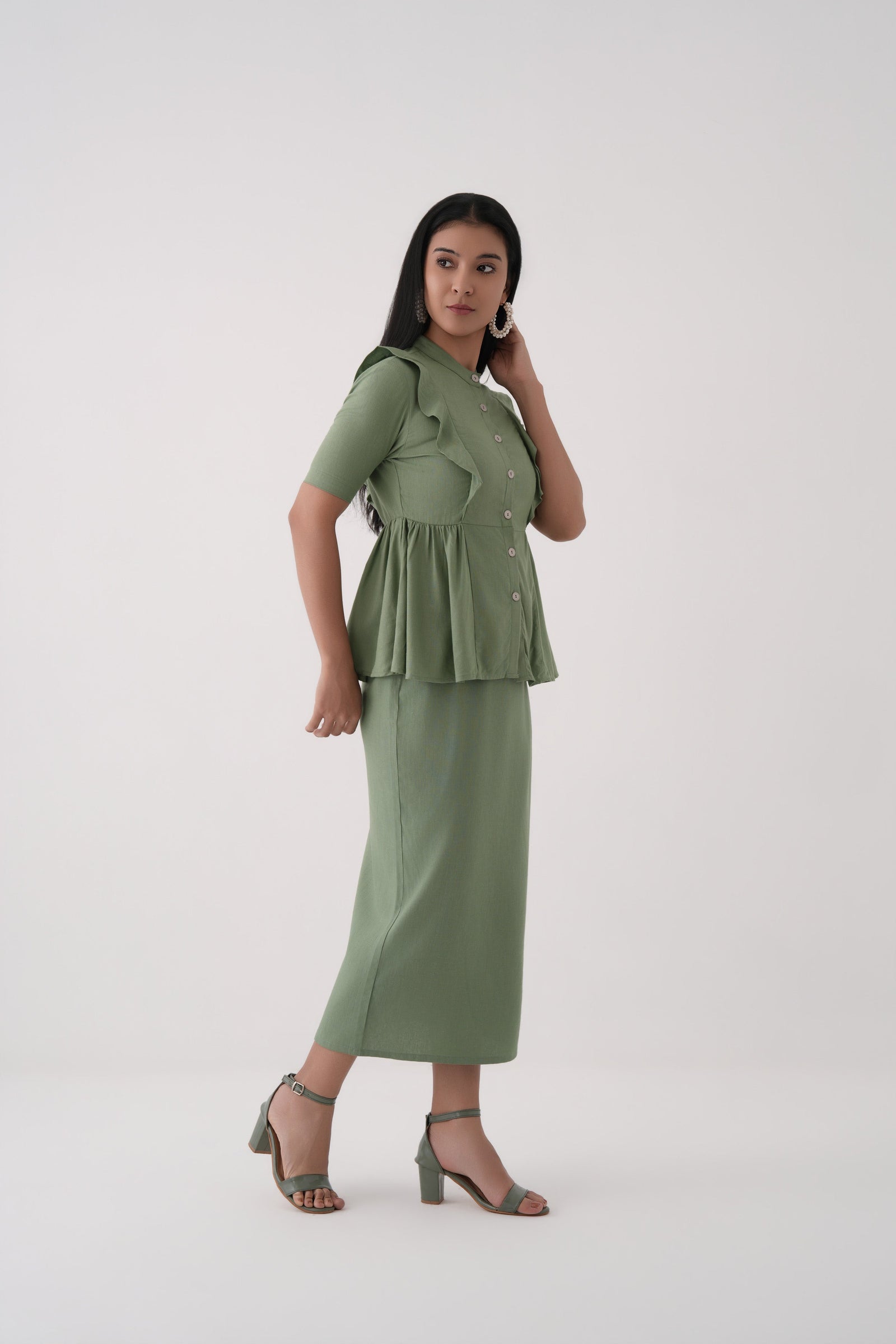 Women Green Linen Viscose Button-Down Peplum Top and Midi Skirt Co-ord Set 