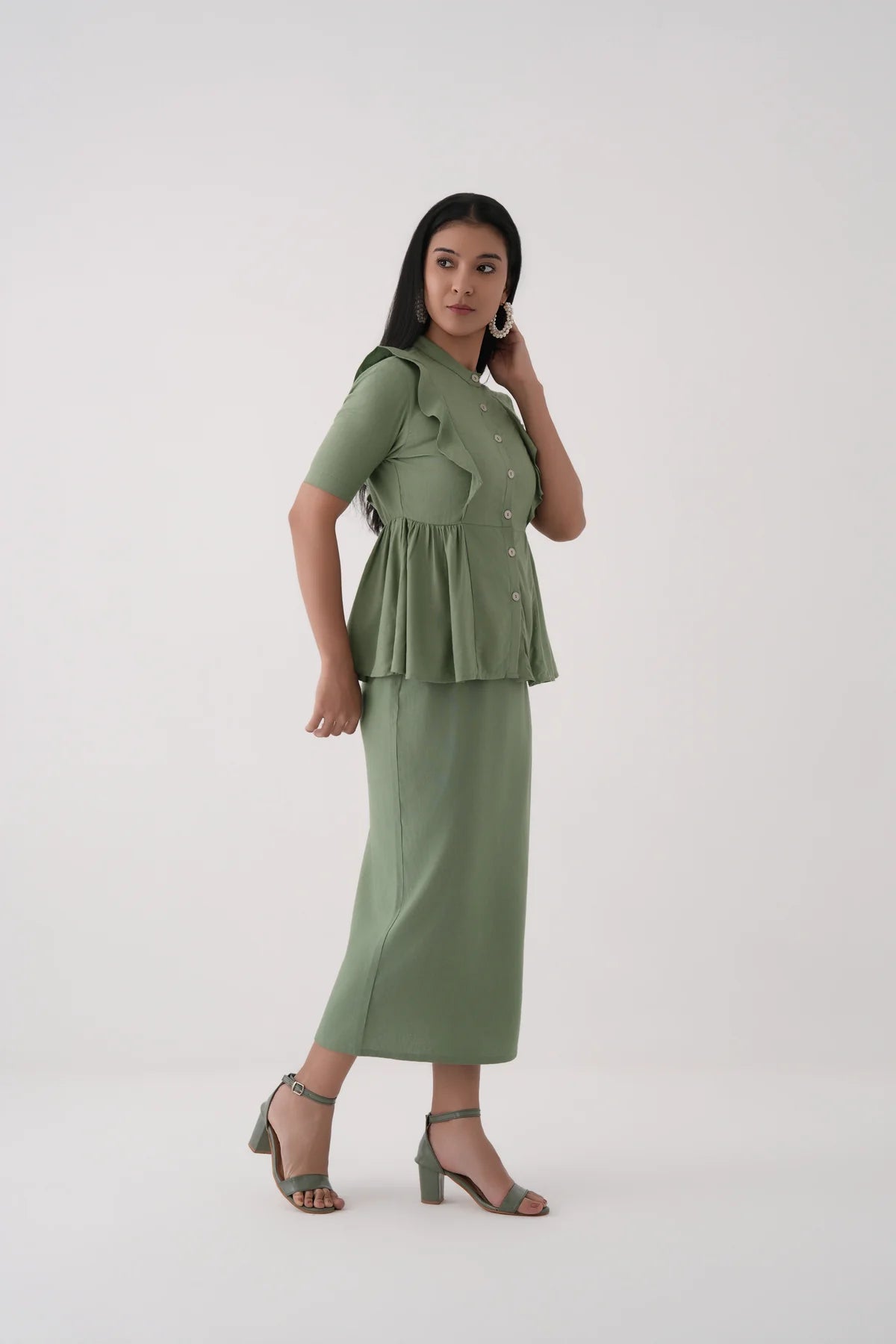 Women Green Clean Midi Skirt Linen Viscose