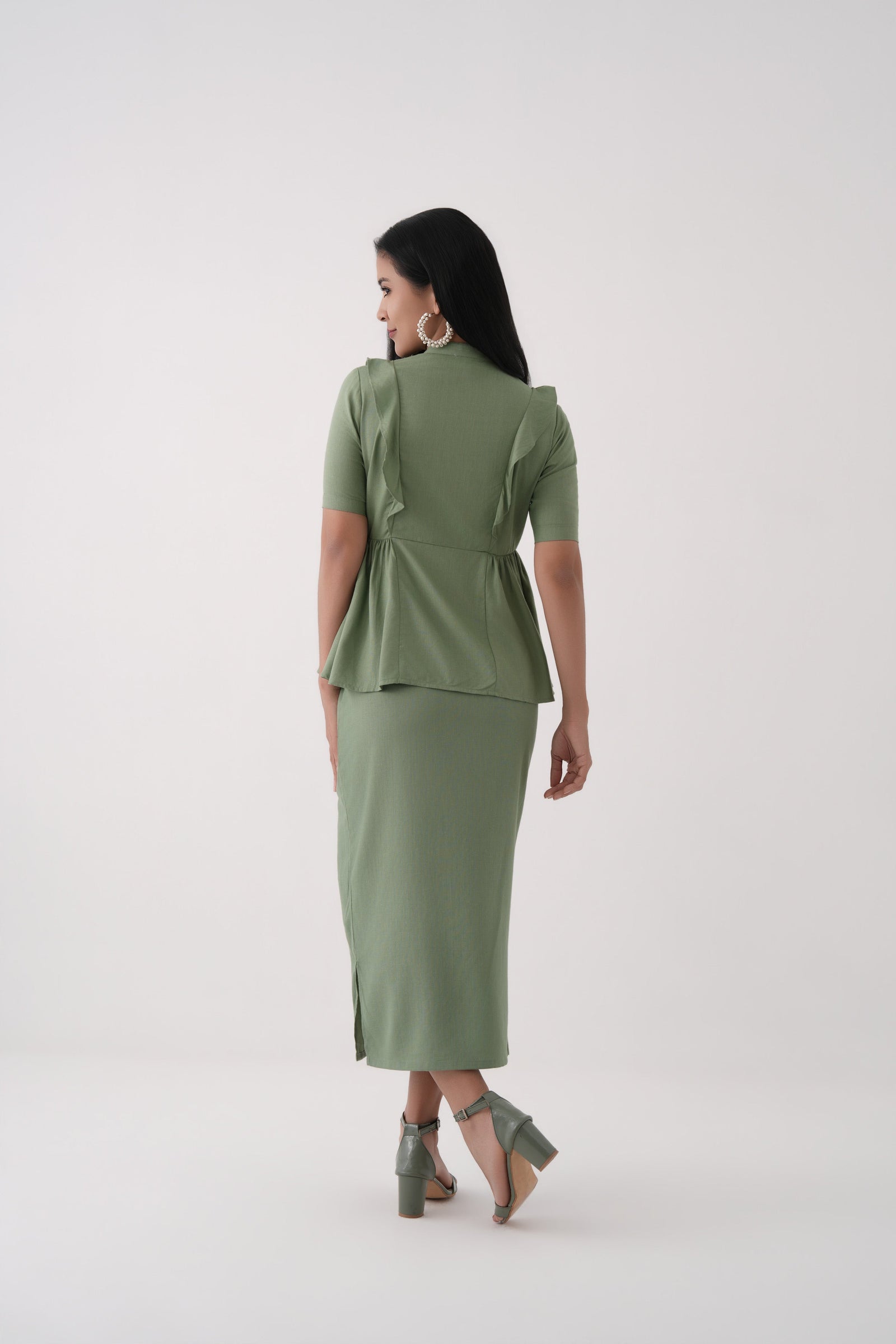 Women Green Linen Viscose Button-Down Peplum Top and Midi Skirt Co-ord Set 