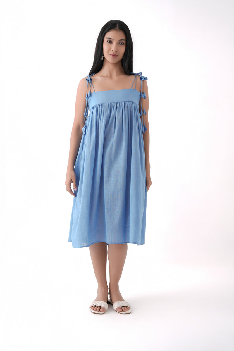 Women Blue Tassel Strap Gathered Cotton Midi Dress