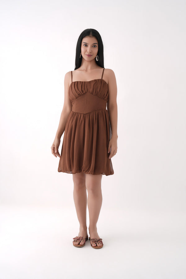 Women Brown Corset Waist Bubble Hem Georgette Dress with Shoulder Straps 
