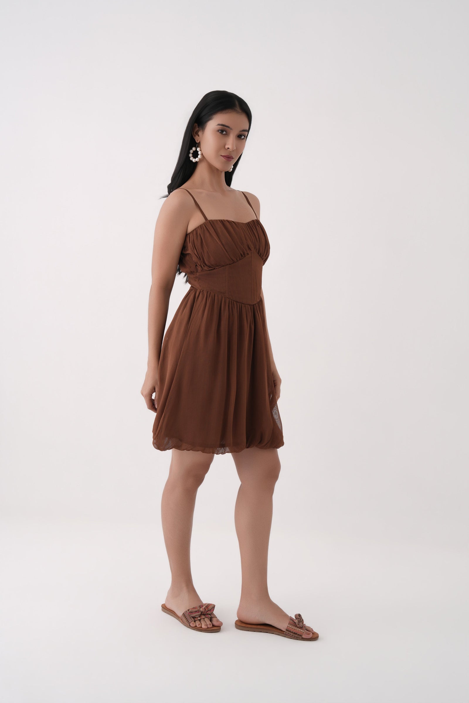 Women Brown Corset Waist Bubble Hem Georgette Dress with Shoulder Straps 