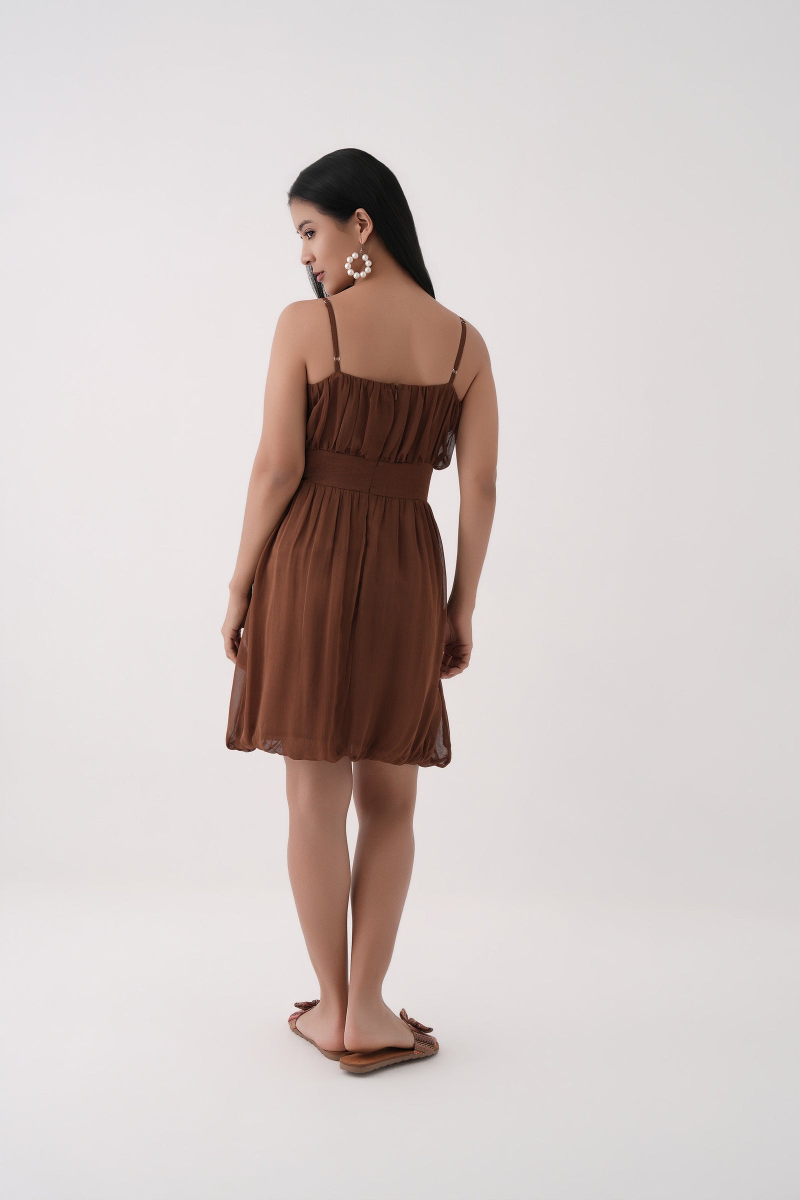 Women Brown Corset Waist Bubble Hem Georgette Dress with Shoulder Straps 