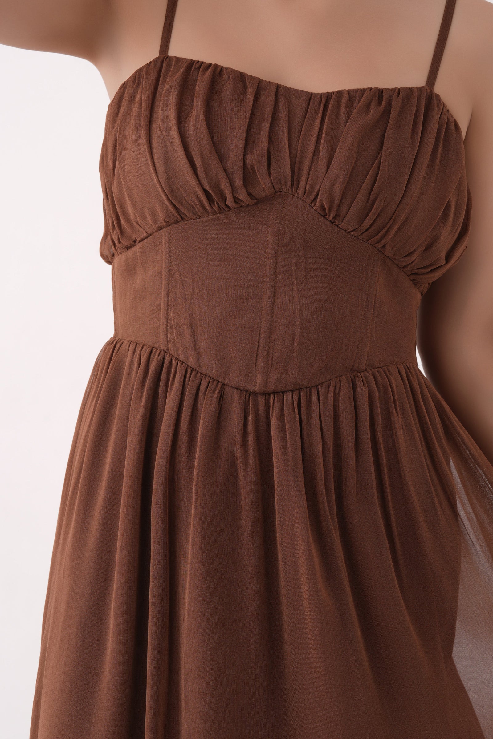 Women Brown Corset Waist Bubble Hem Georgette Dress with Shoulder Straps 