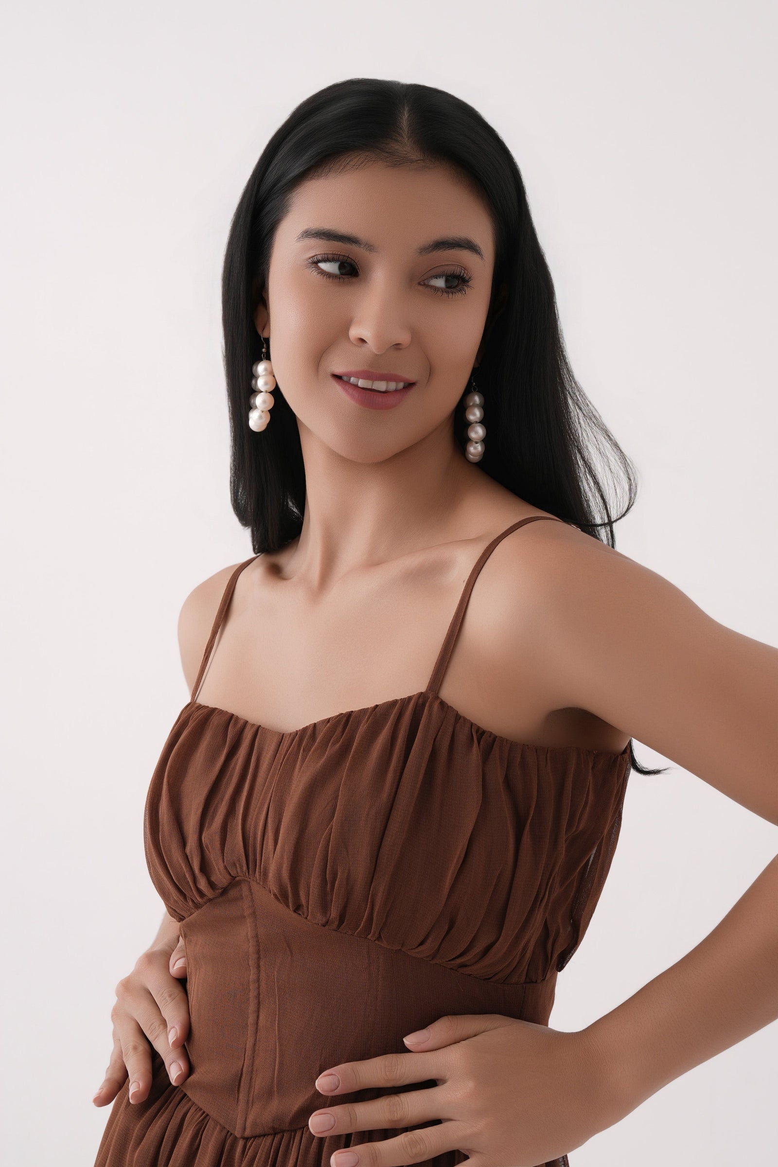 Women Brown Corset Waist Bubble Hem Georgette Dress with Shoulder Straps 