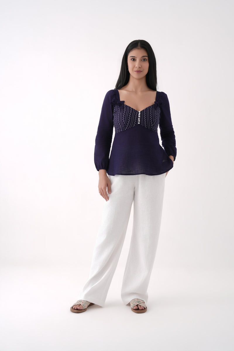 dark blue embroidered sweetheart peplum  top