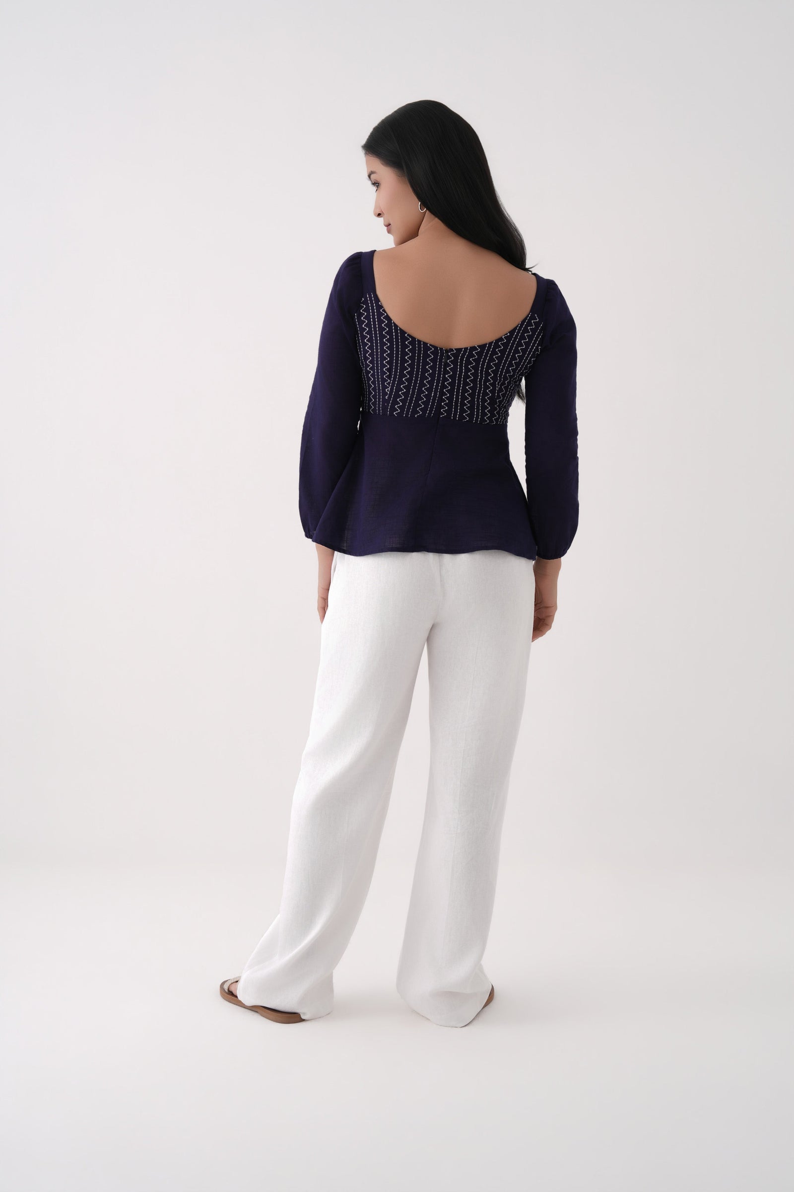 dark blue embroidered sweetheart peplum  top
