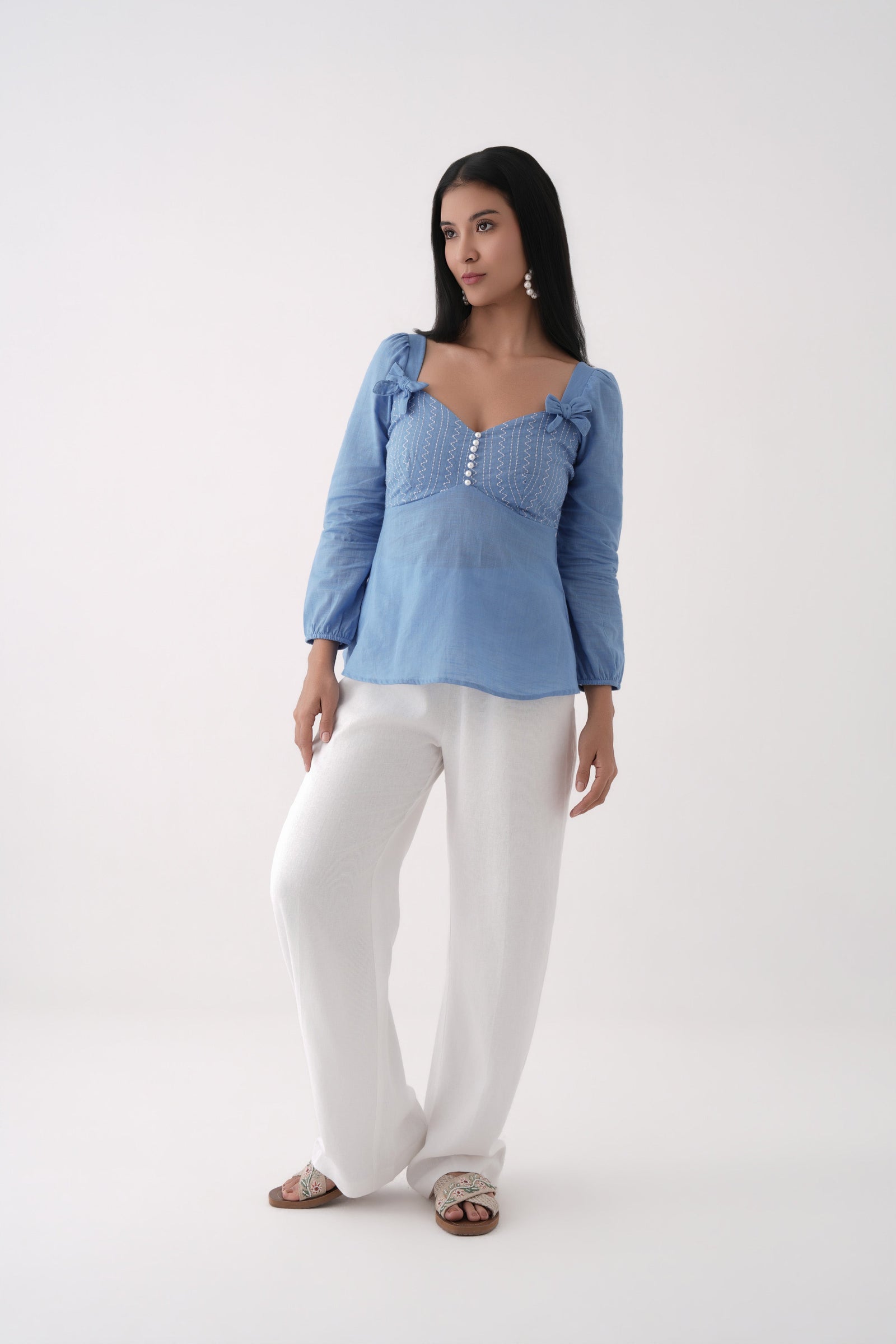 blue embroidered sweetheart peplum  top