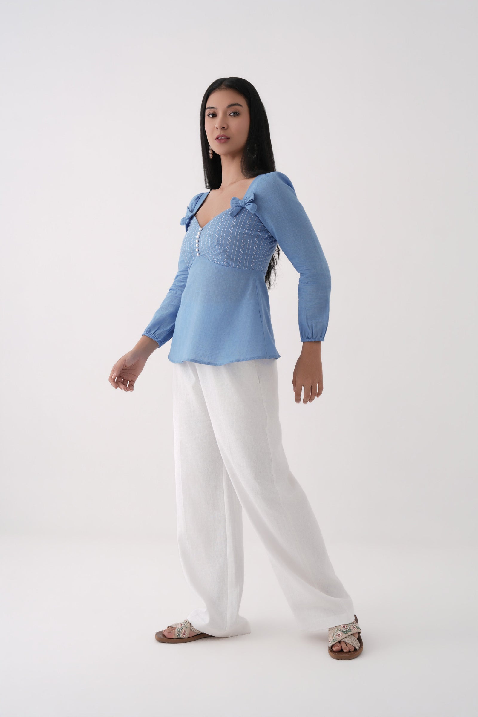 blue embroidered sweetheart peplum  top