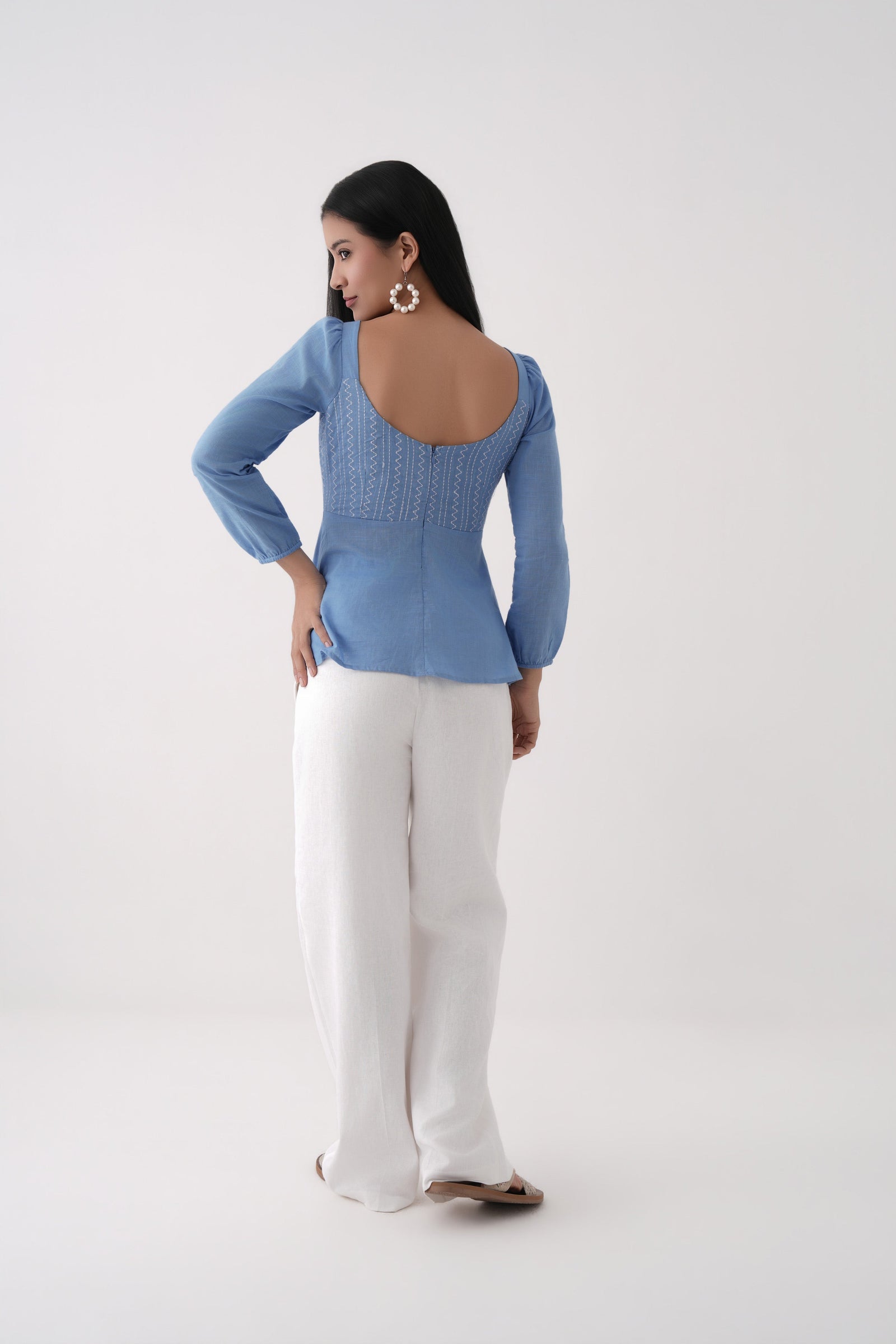 blue embroidered sweetheart peplum  top