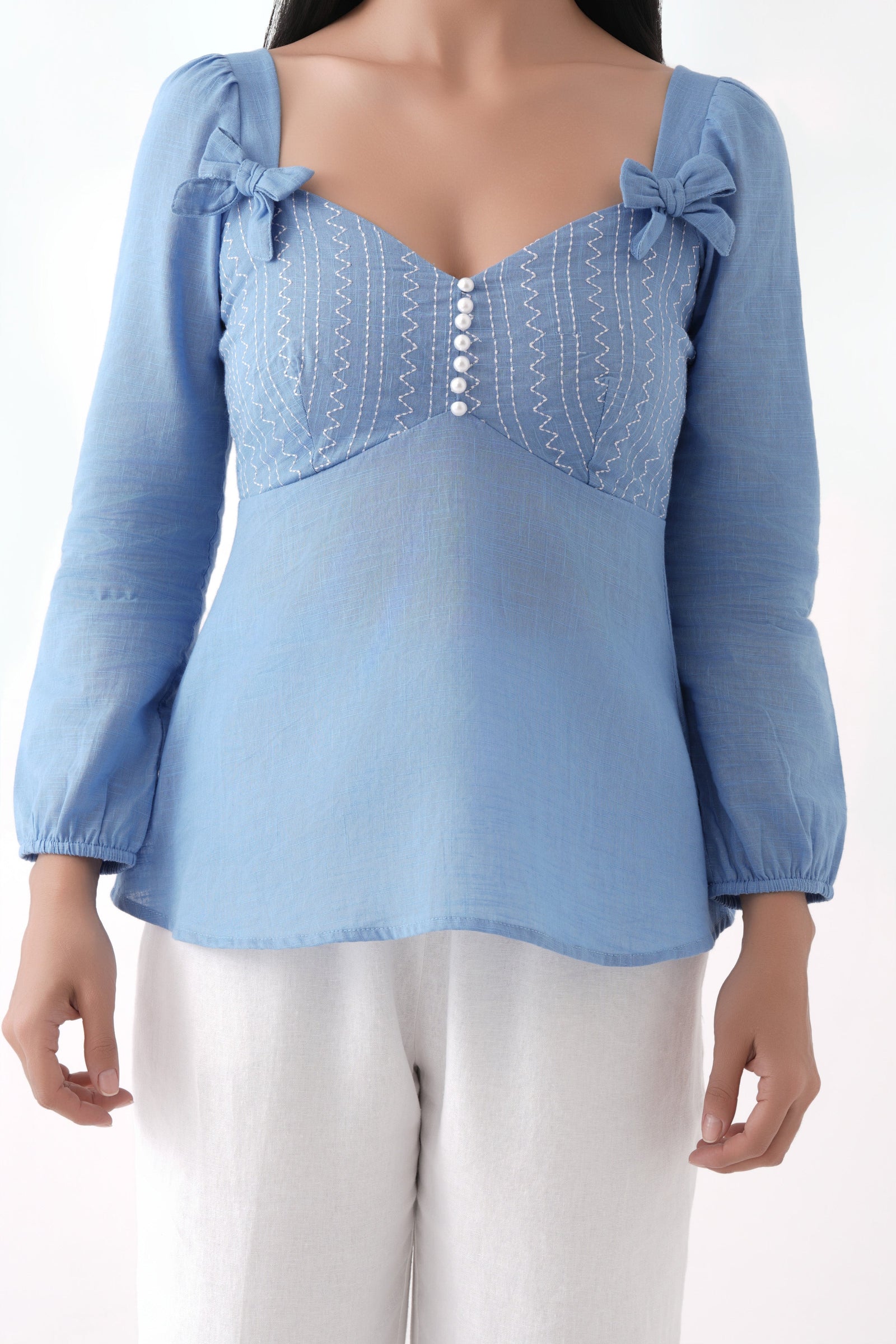 blue embroidered sweetheart peplum  top