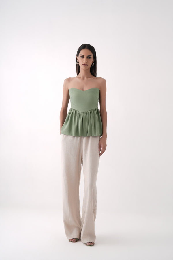 green strapless bubble hem peplum top
