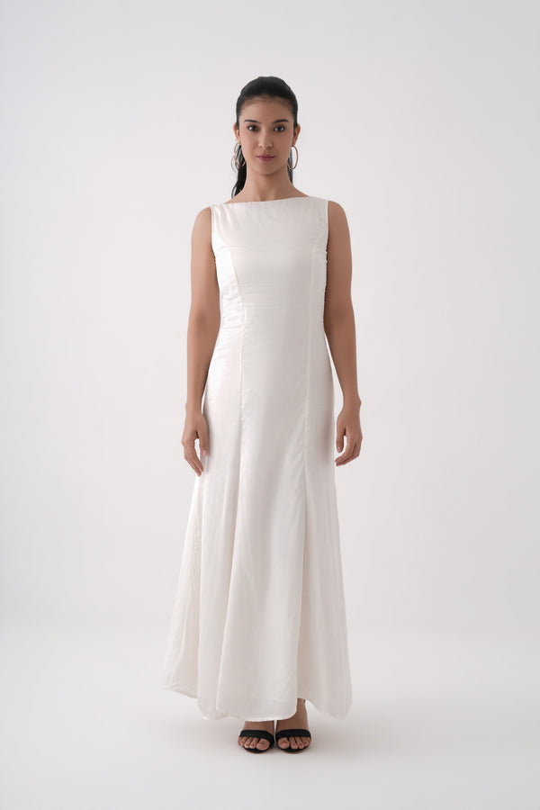 Women Gardenia Sleeveless Boat Neck Modal Satin Mermaid Maxi Dress
