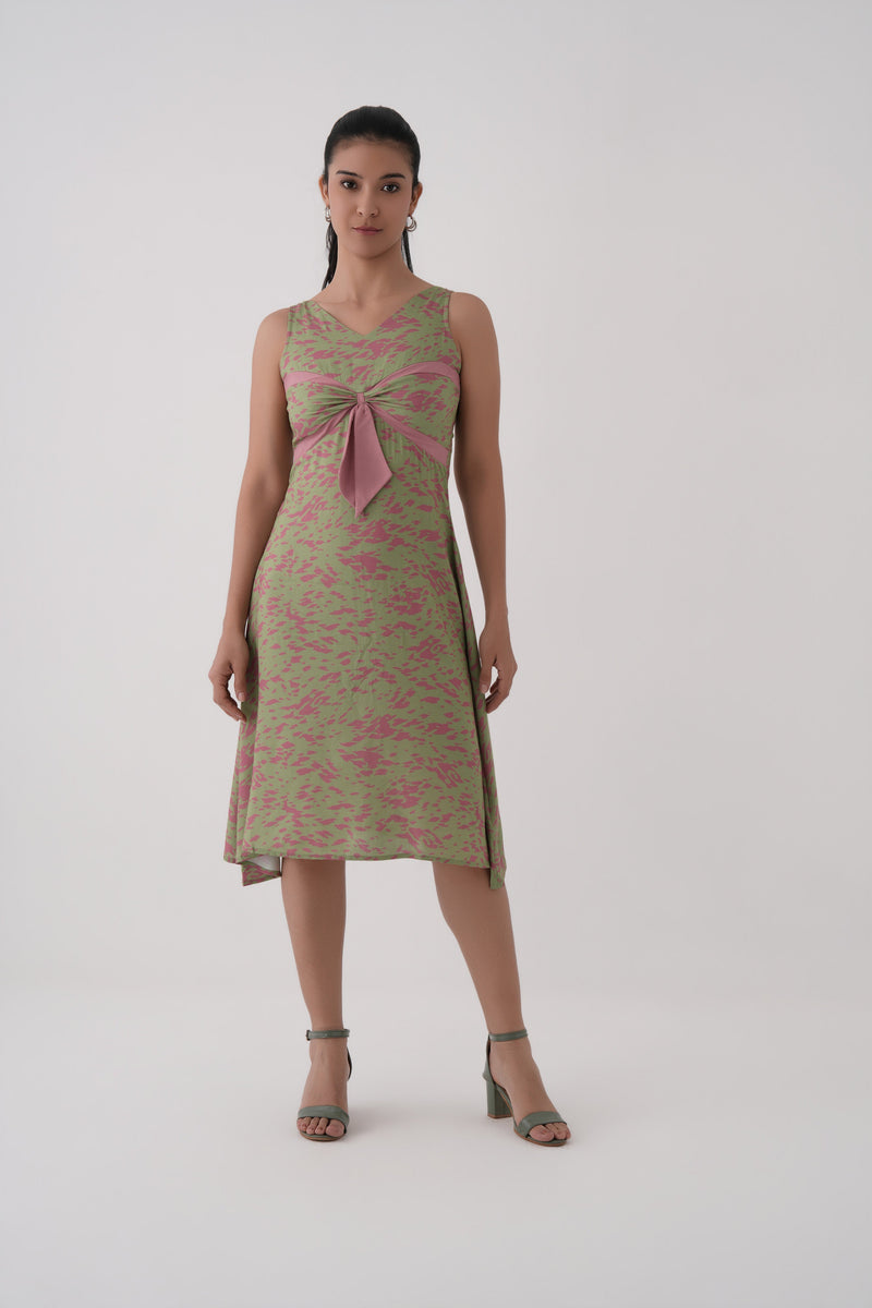 Women Tarragon Print Sleeveless Tie-Front Modal Midi Dress