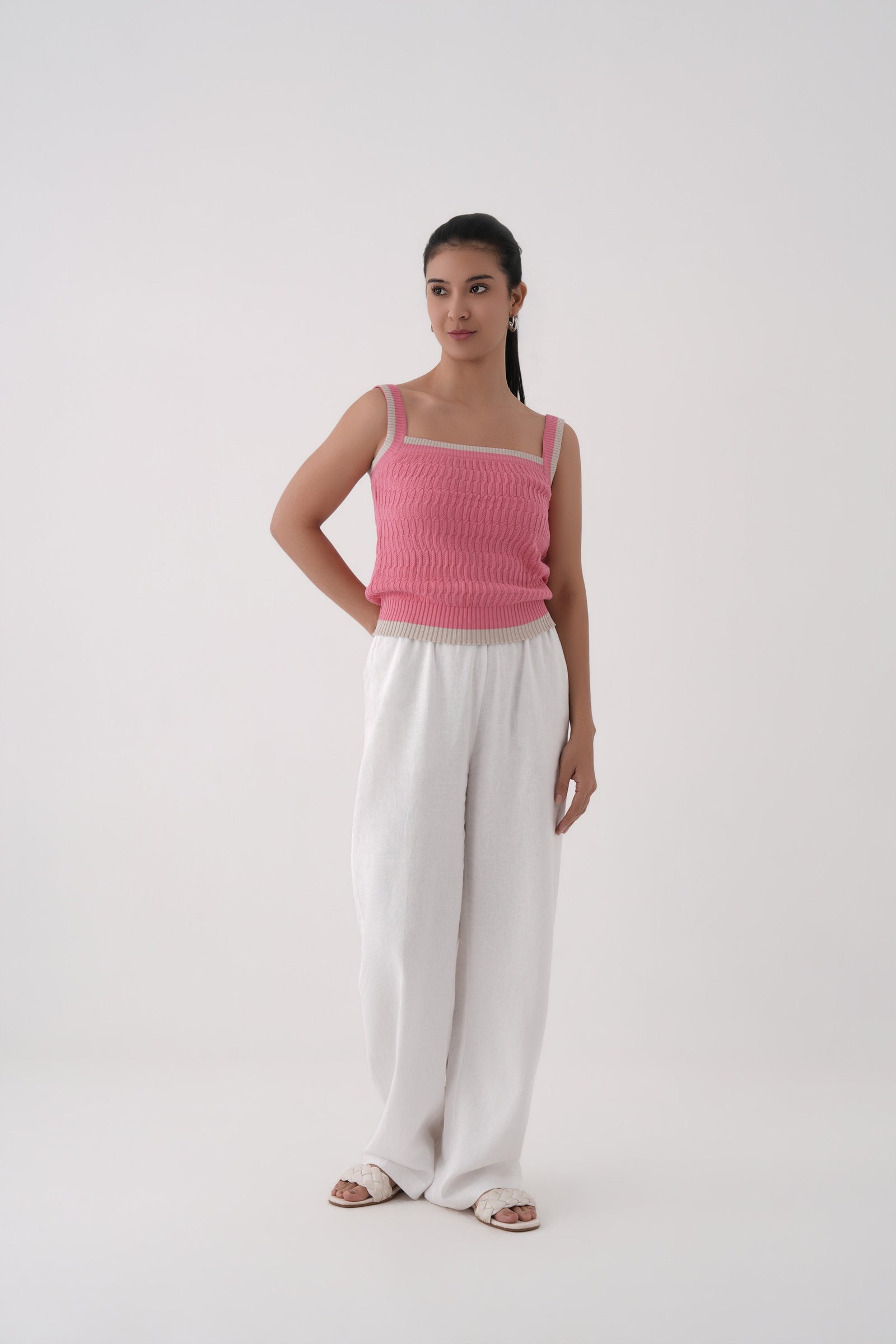pink square neck cable knit tank top