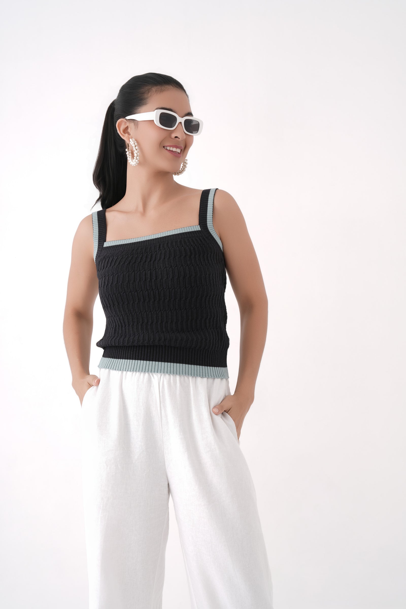 black square neck cable knit tank top