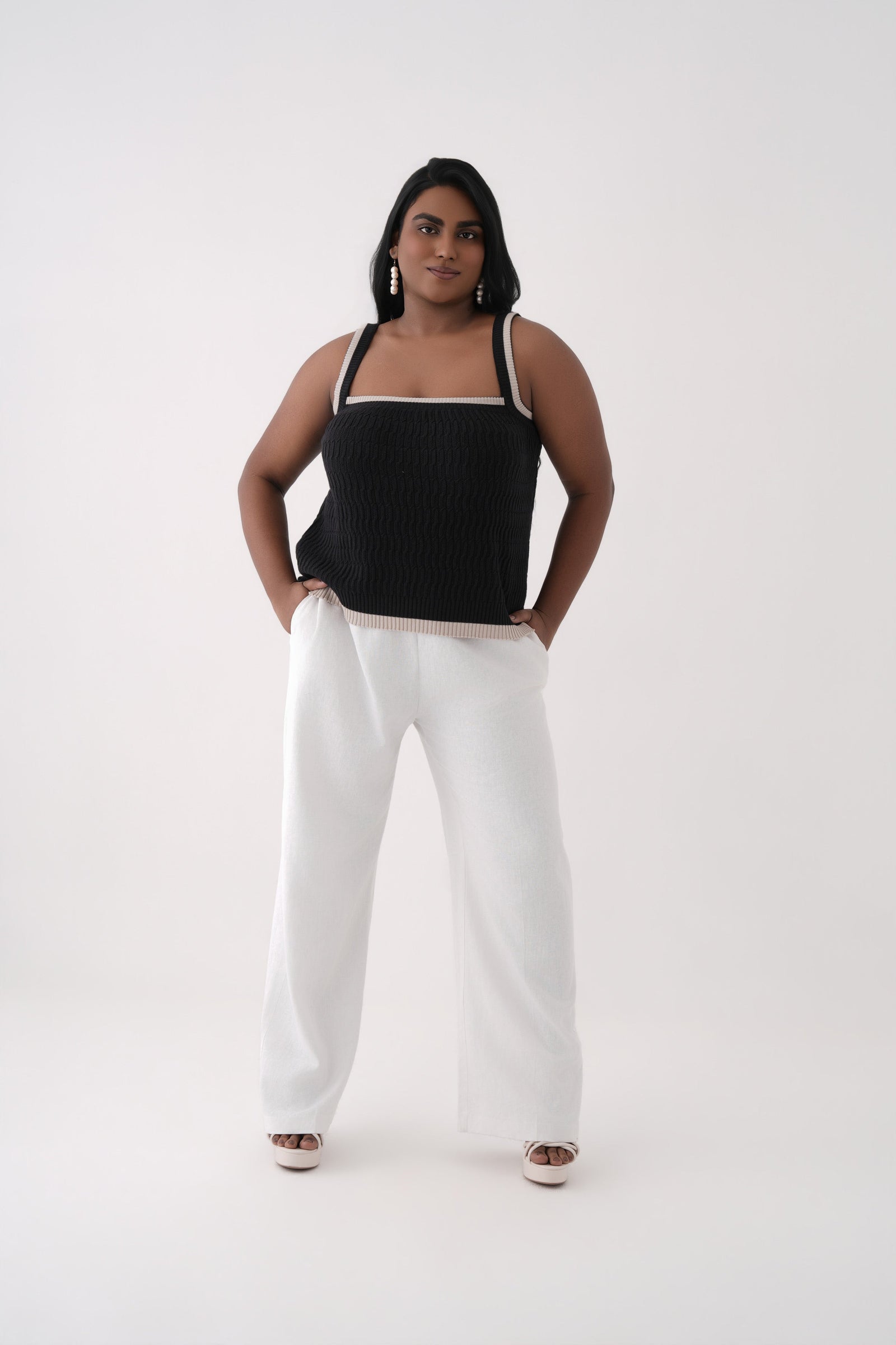 black square neck cable knit tank top