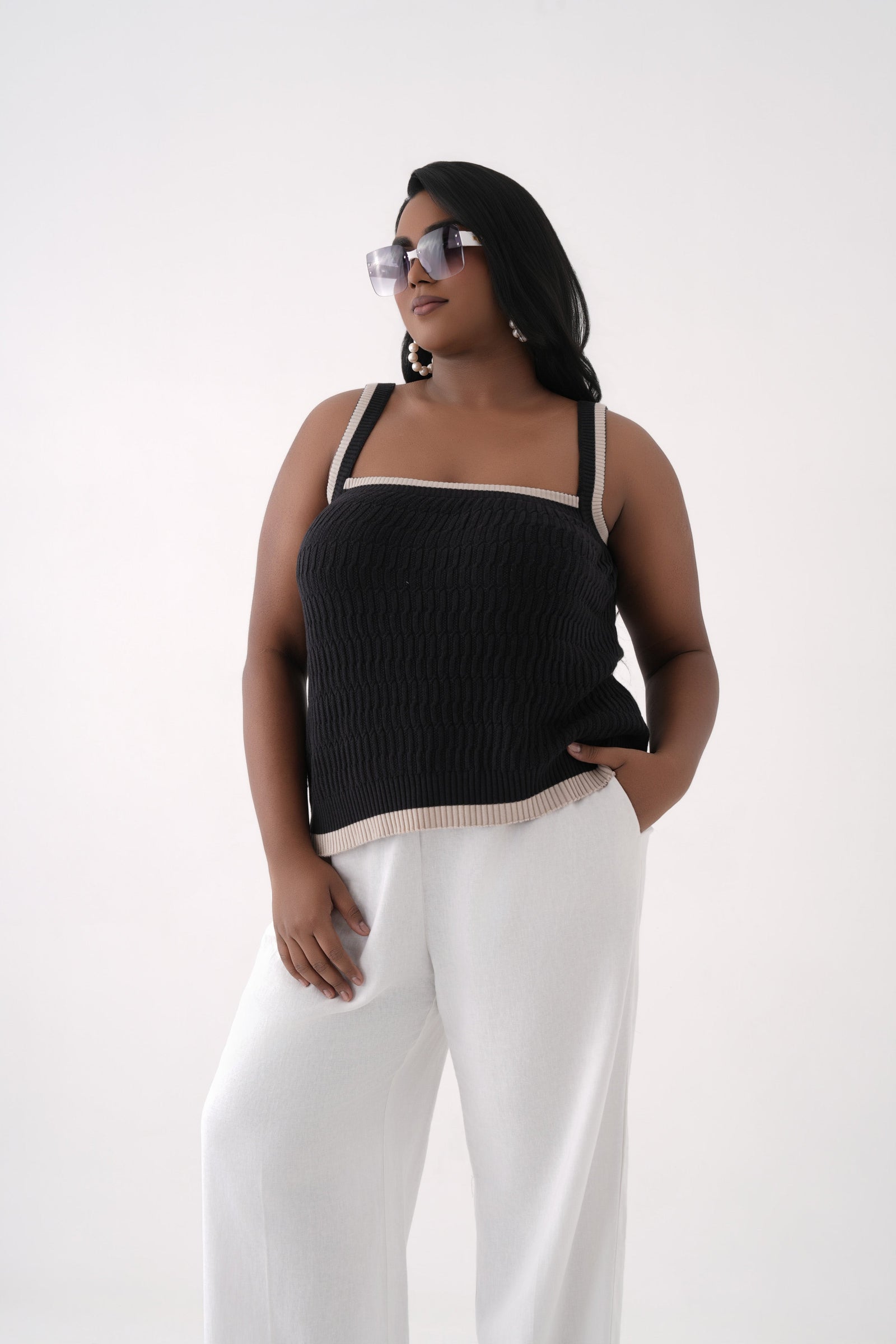 black square neck cable knit tank top