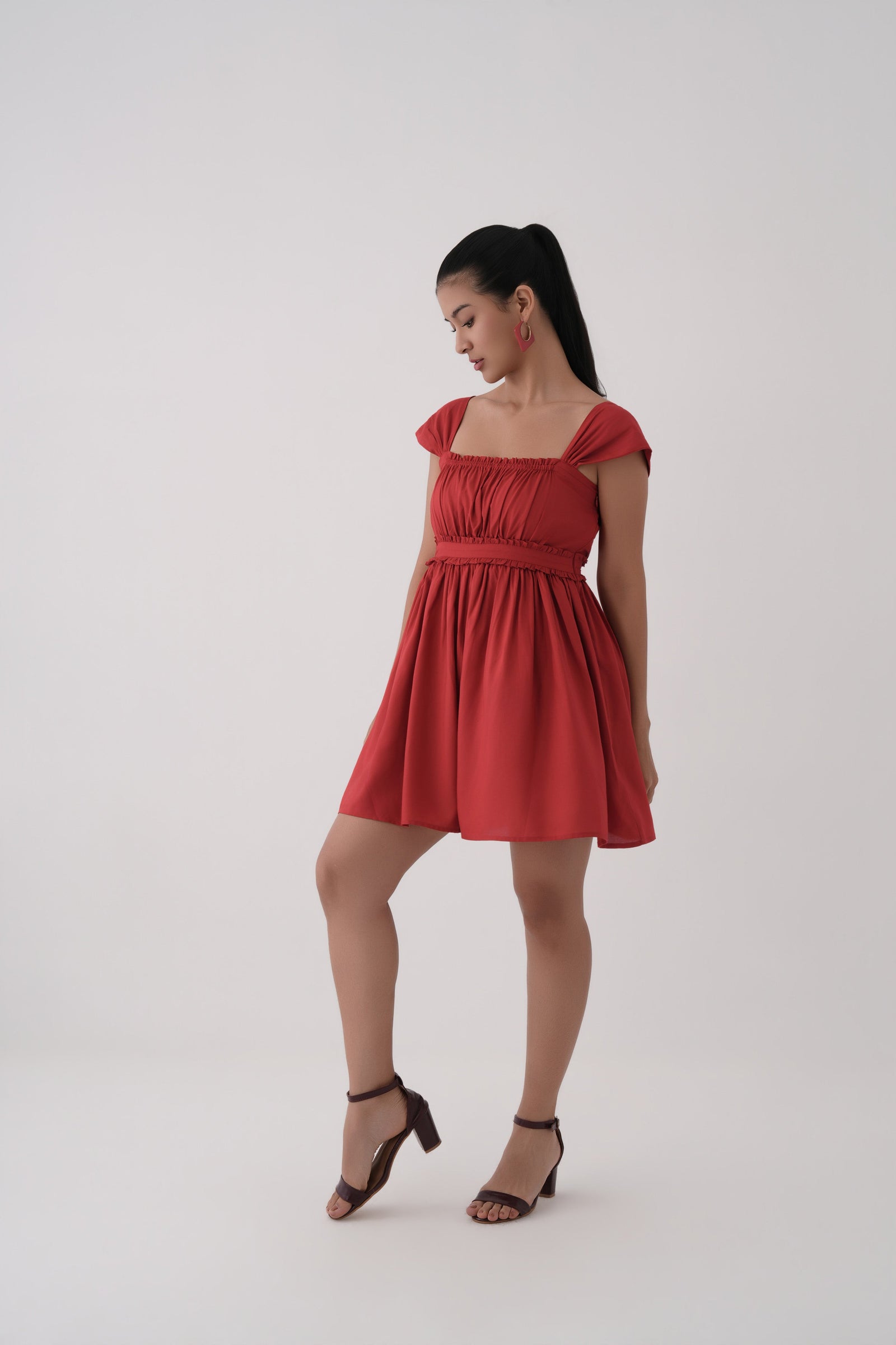 Women Equestrian Red Ruched Bodice Flowy Short Modal Dress with Cap Sleeves 