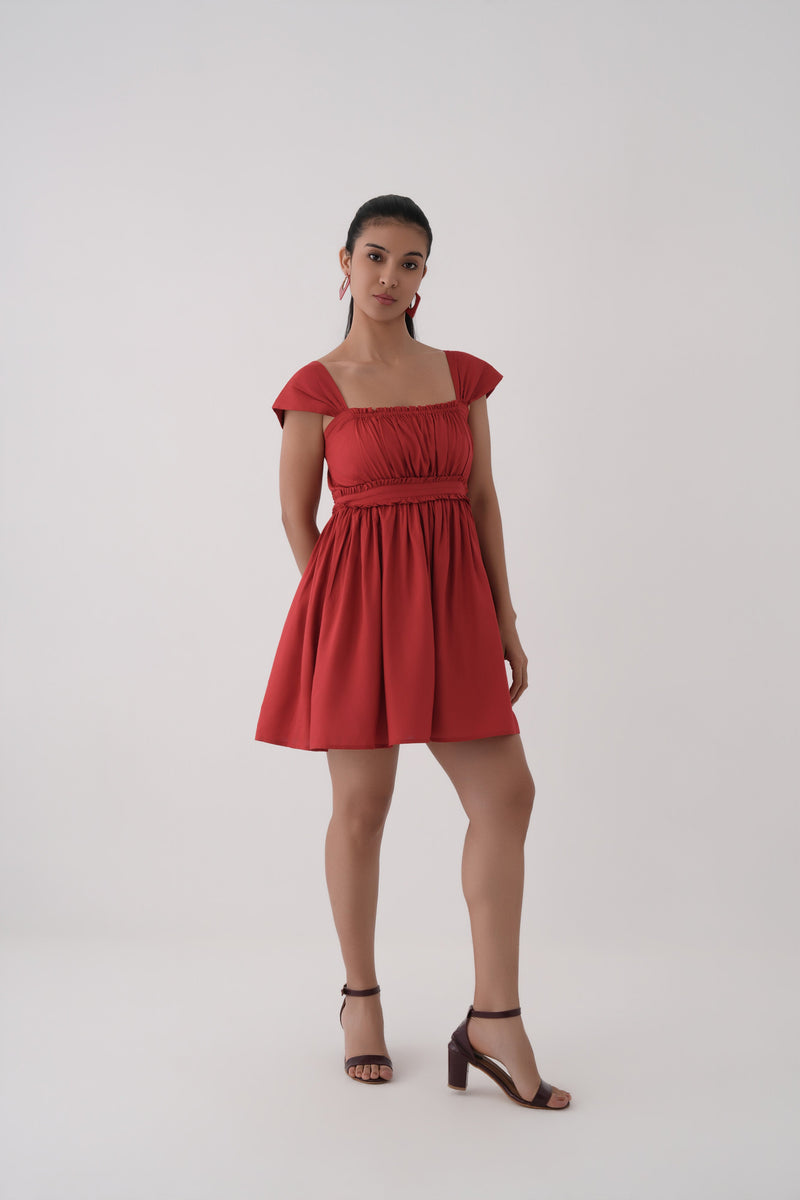 Women Equestrian Red Ruched Bodice Flowy Short Modal Dress with Cap Sleeves 