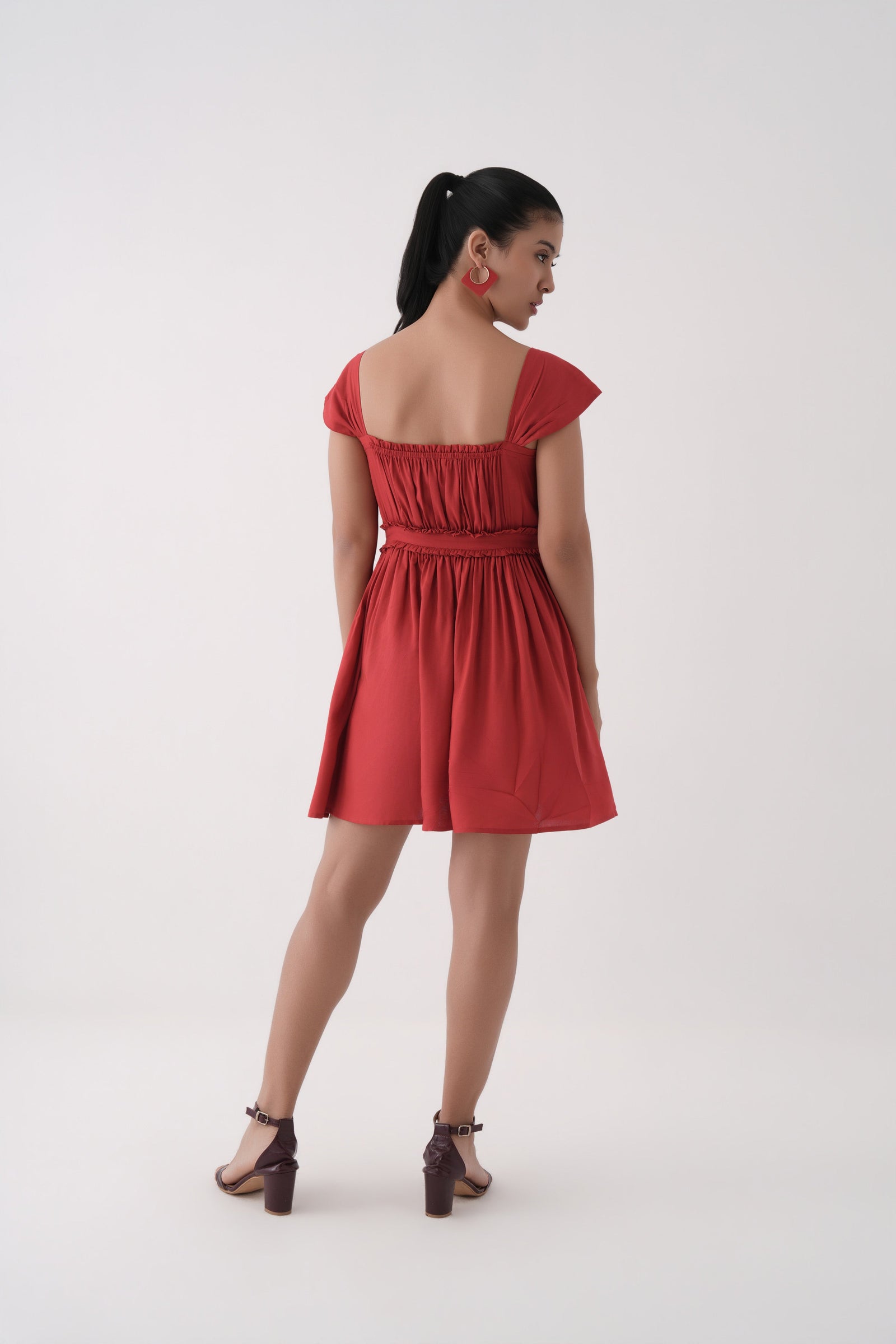 Women Equestrian Red Ruched Bodice Flowy Short Modal Dress with Cap Sleeves 