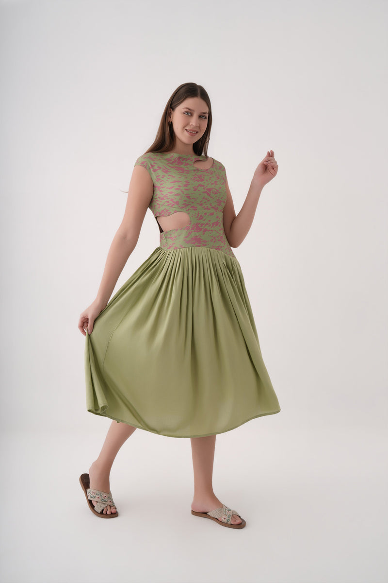 Printed Cut-Out  Midi Dress For Women 