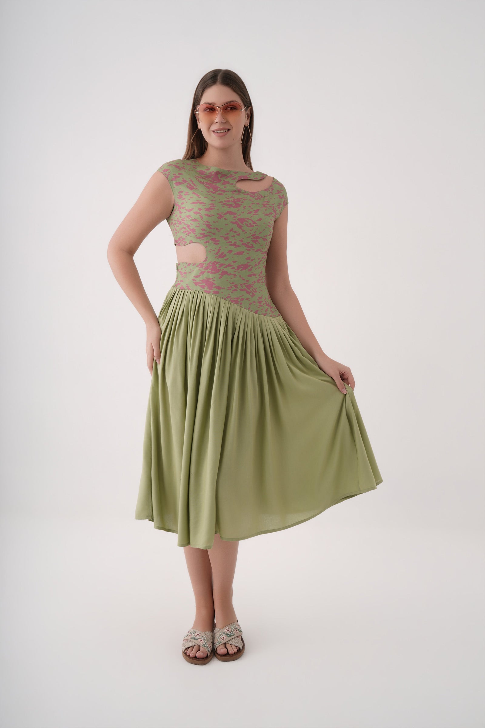 Printed Cut-Out  Midi Dress For Women 