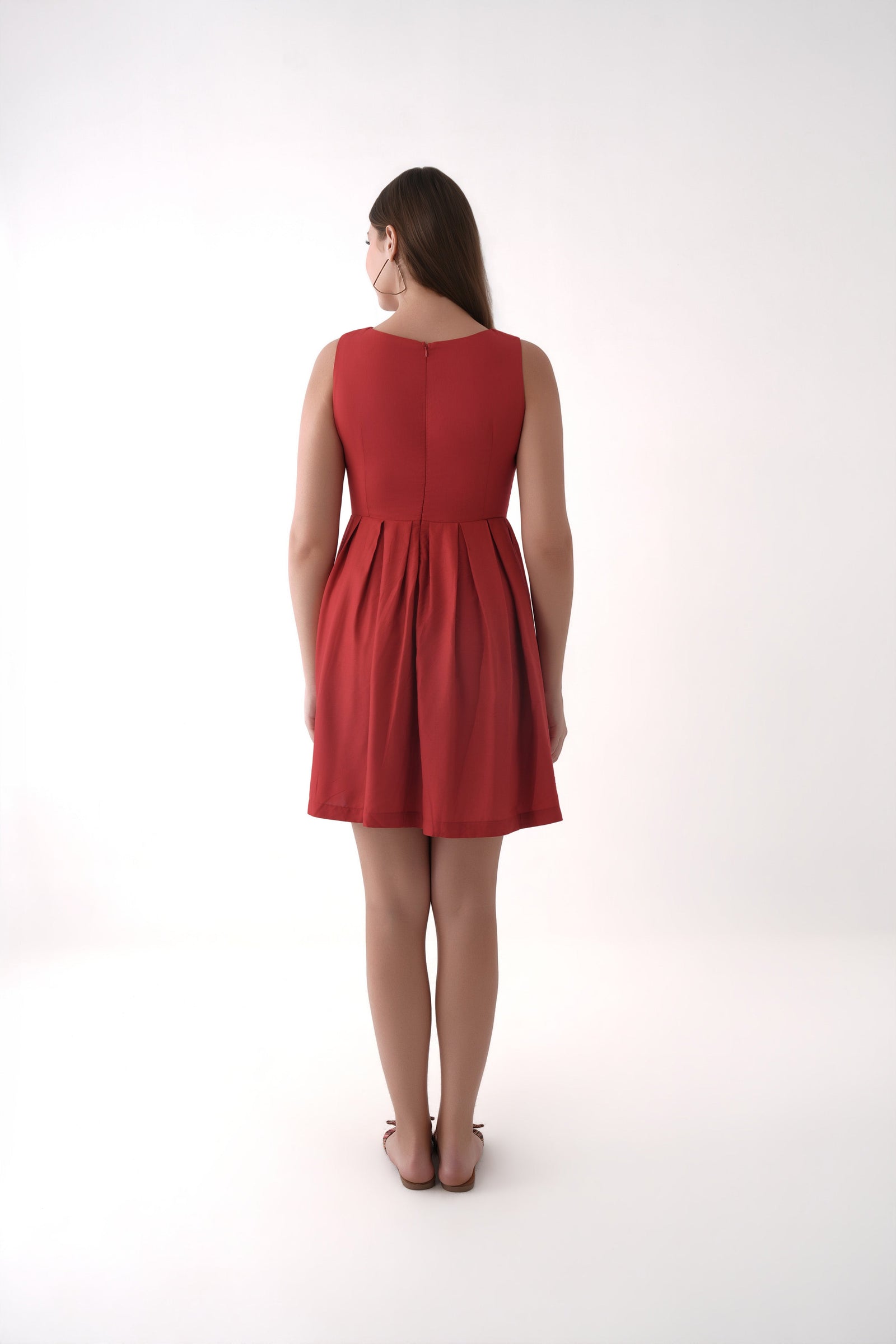 Women Equestrian Red Pleated Modal Midi Dress with Structured Waist